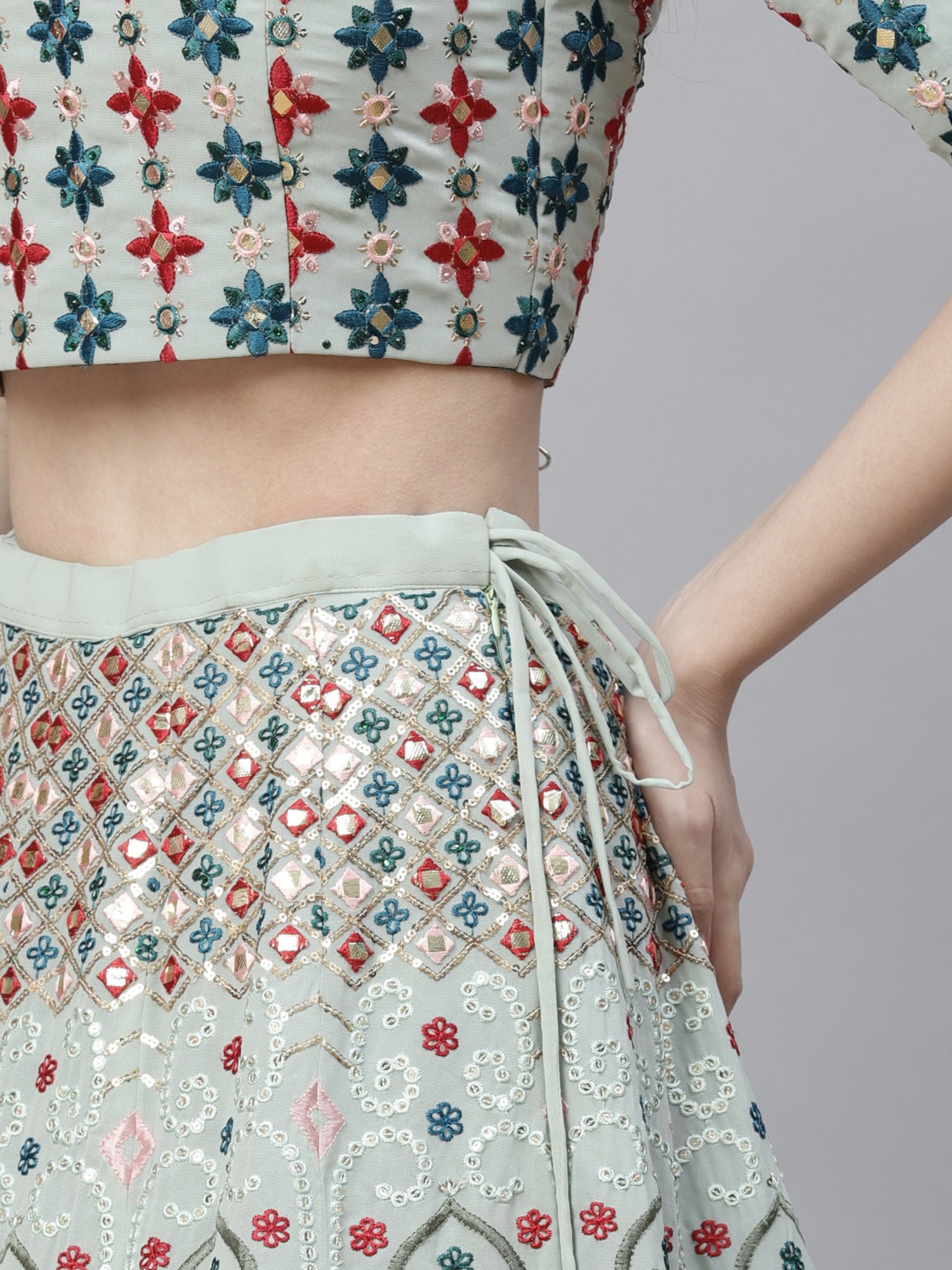 SHUBHKALA Pista Green Embellished Lehenga and Choli Set With Dupatta