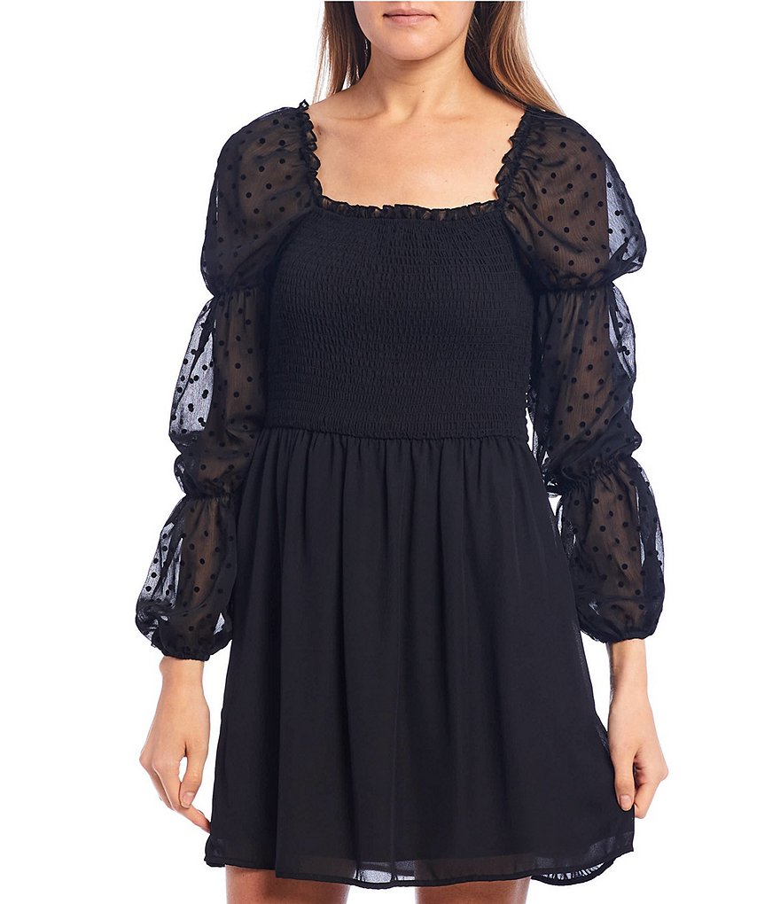 Allison & Kelly Balloon-Sleeve Flocked Dot Smocked Bodice Dress