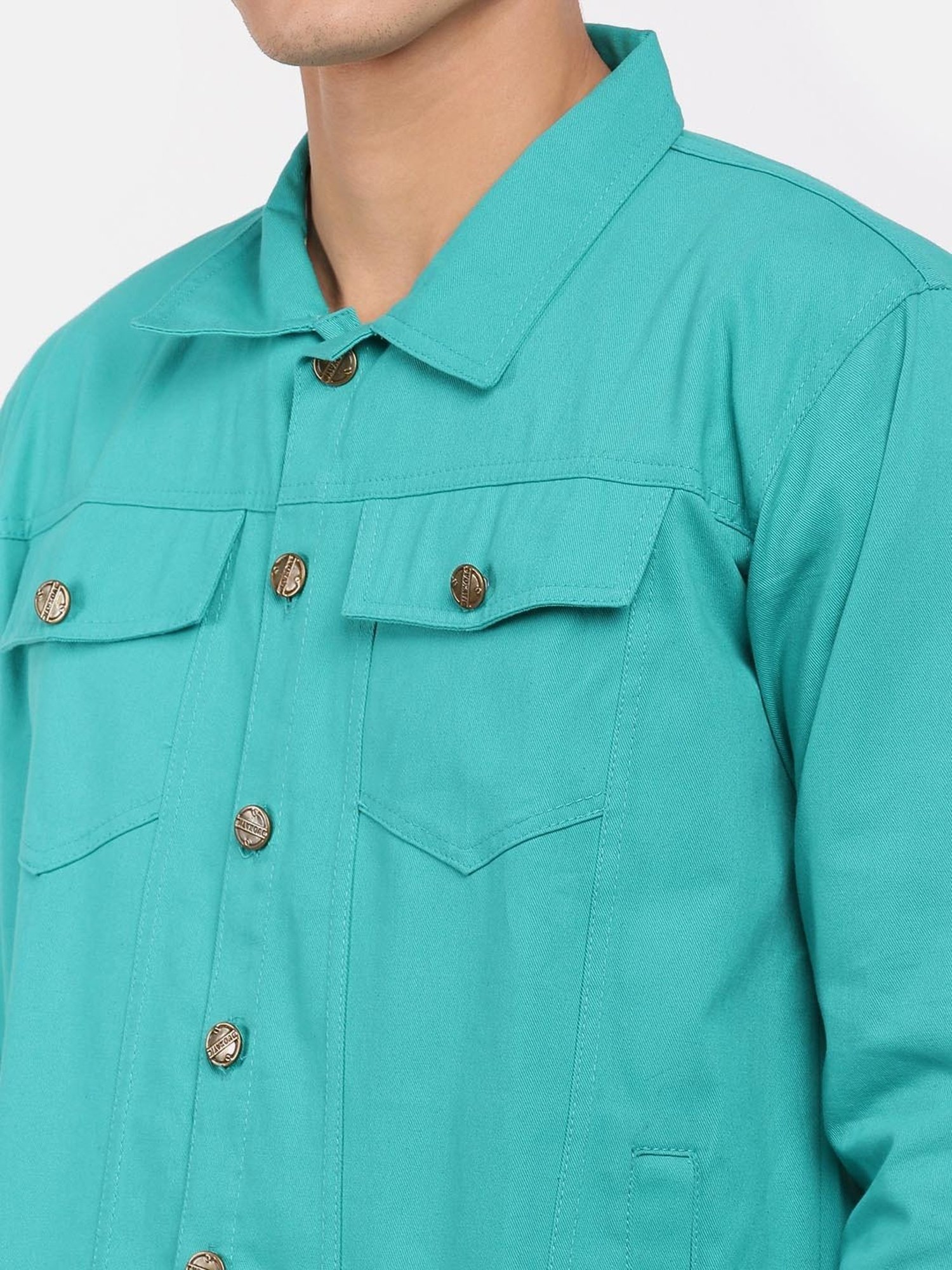 VOXATI Turquoise Full Sleeves Shirt Collar Denim Jacket