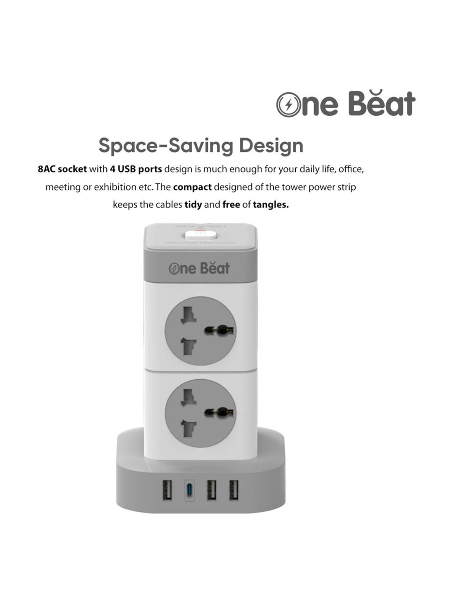 One Beat Tower 3 USB Port +1 Type-C Port with LED Indicator 8 Socket Extension Boards (White & Grey)