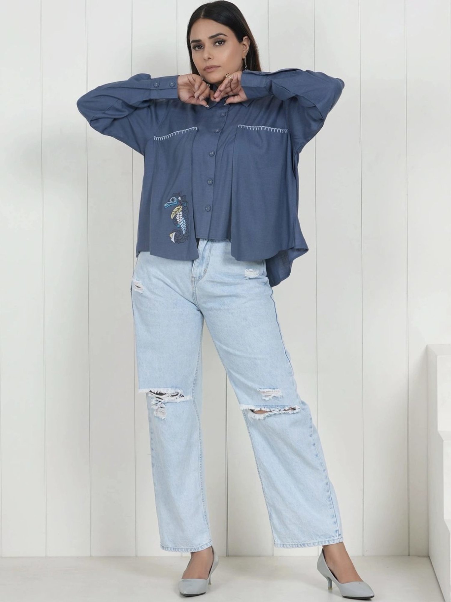 Kaftanize Blue Crop Linen Slit Back Shirt with Thread Work Embroidery