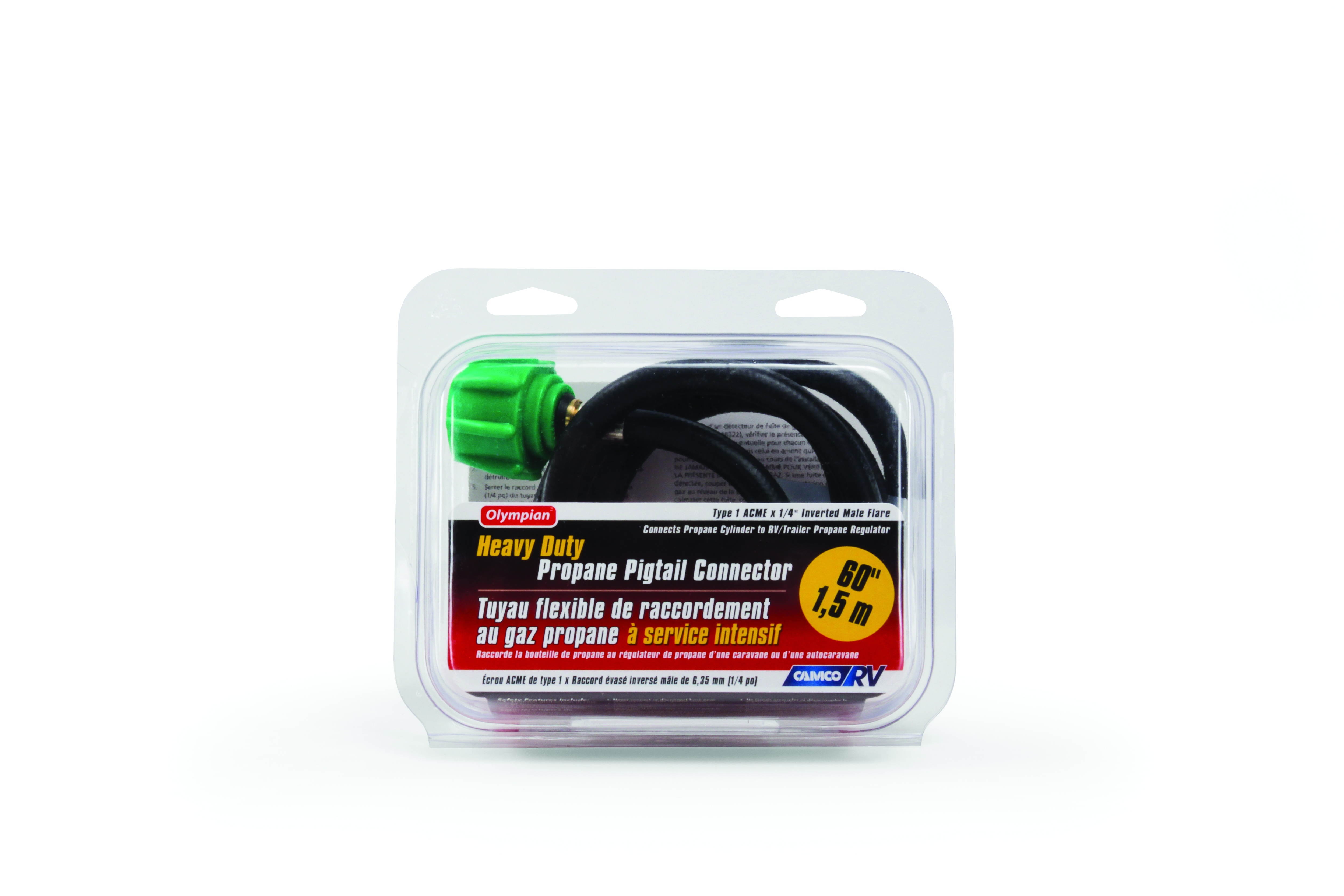camco 60" pigtail propane hose connector, connects propane cylinder to a rv or trailer propane regulator, provides thermal protection and excess flow protection 59193