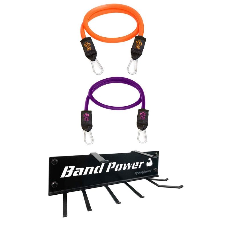 Bodylastics BLCOMP1OR1PU High Quality 23 and 30 Pound Full Body Anti Slip Resistance Clip Bands Fitness Weight Set and Steel Wall 8 Prong Rack