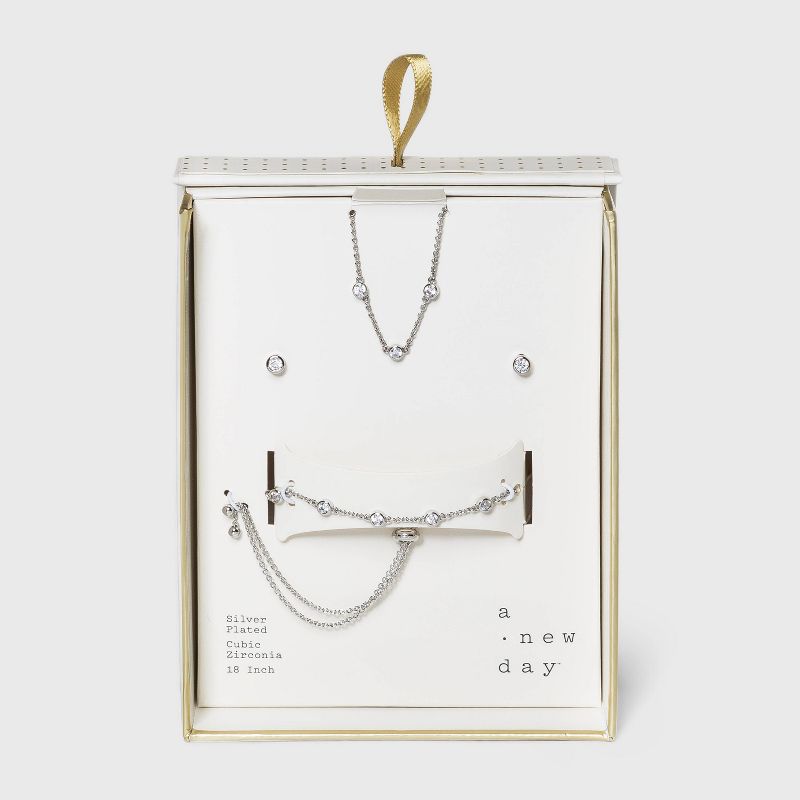Silver Plated with Cubic Zirconia Stationed Necklace, Earring and Bracelet Set - A New Day™ Gold