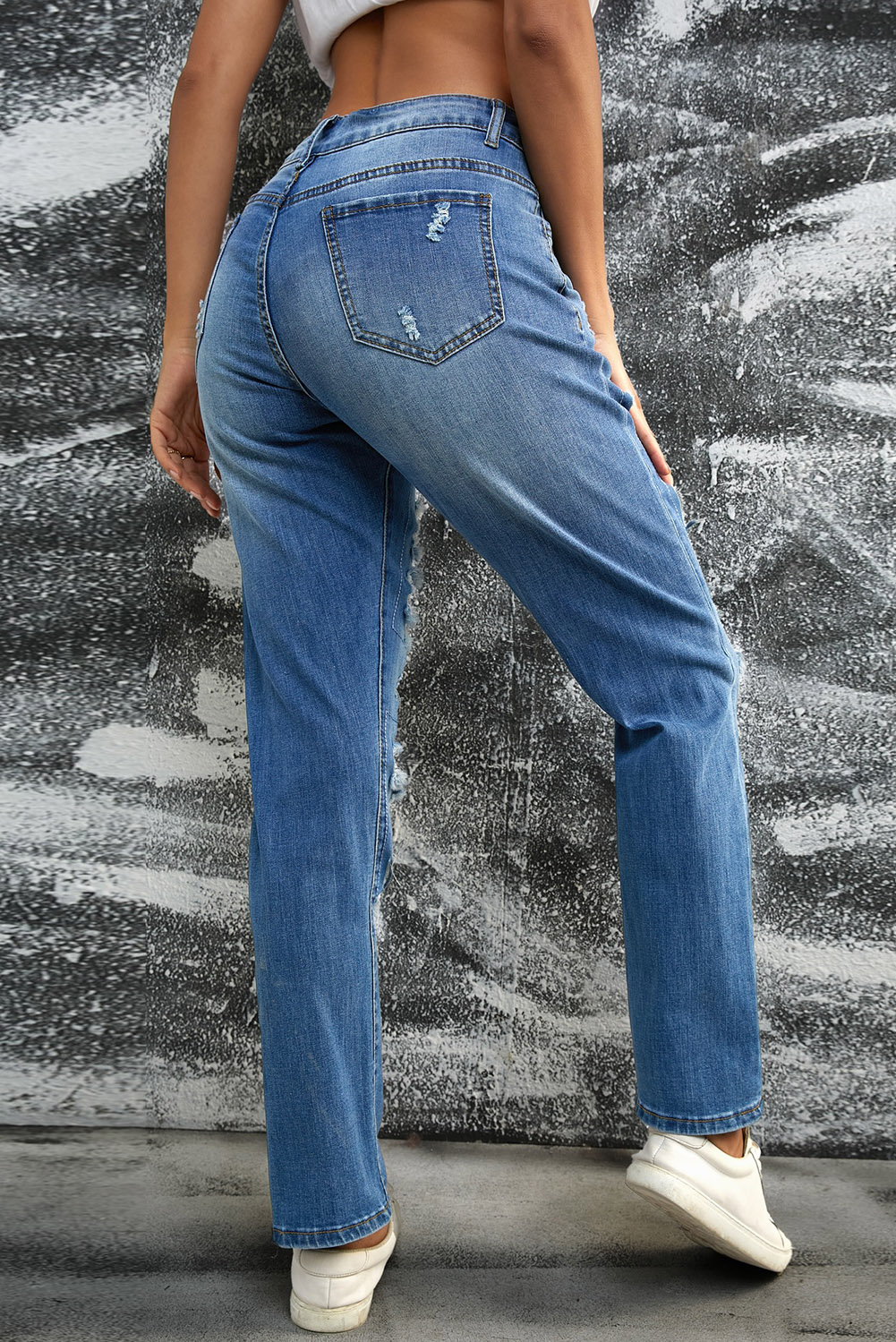 Blue Sunflower Print Ripped Mid Rise Straight Leg Graphic Jeans