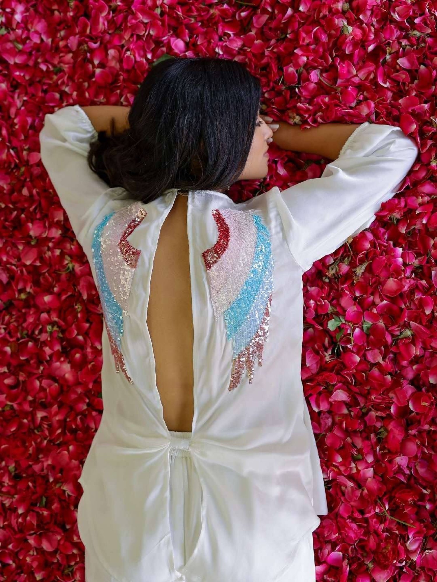 Gulaal White Satin Angel Wing Sequin Top and Pants