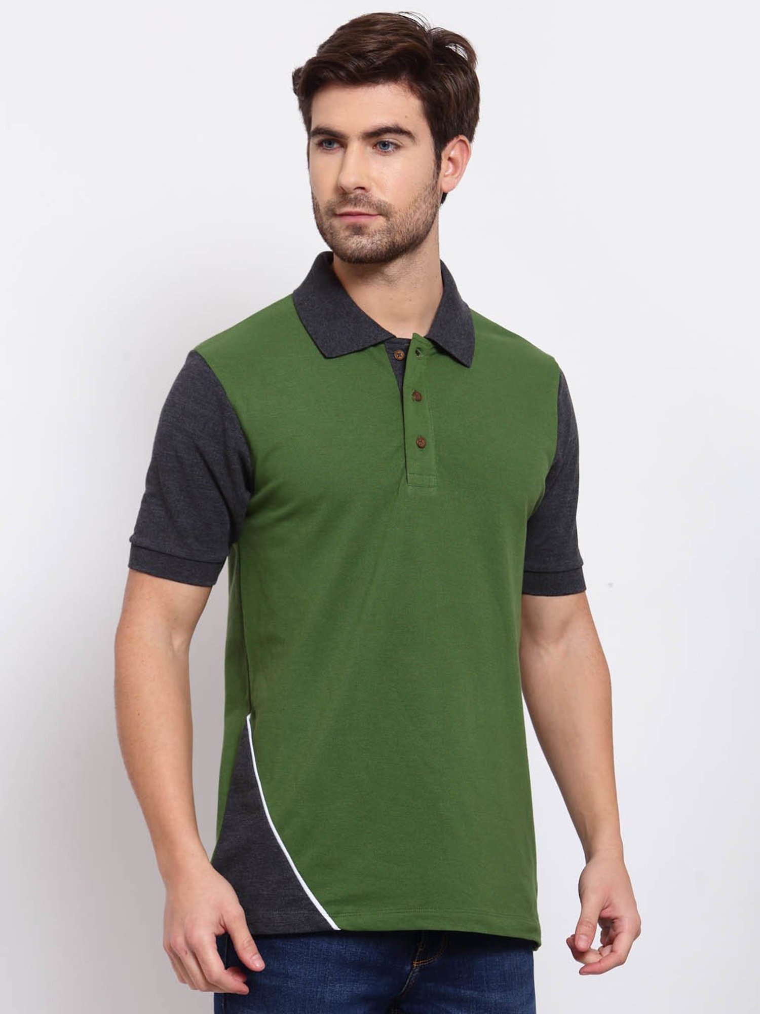 Kalt Green & Dark Grey Regular Fit Colour-Block Polo T-Shirt