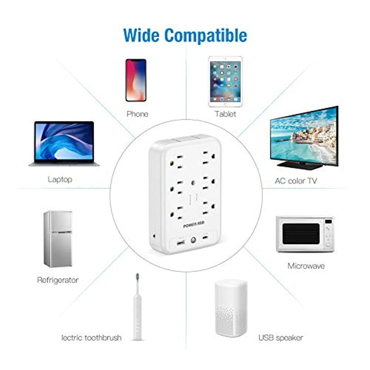 Socket Shelf Wall Outlet, POWERADD 6 Outlet Extender Surge Protector with USB C PD 18W, 1875W 1700J, Multi Plug Outlet with Removable Shelf and Smart Night Light for Bathroom/Home/Dorm