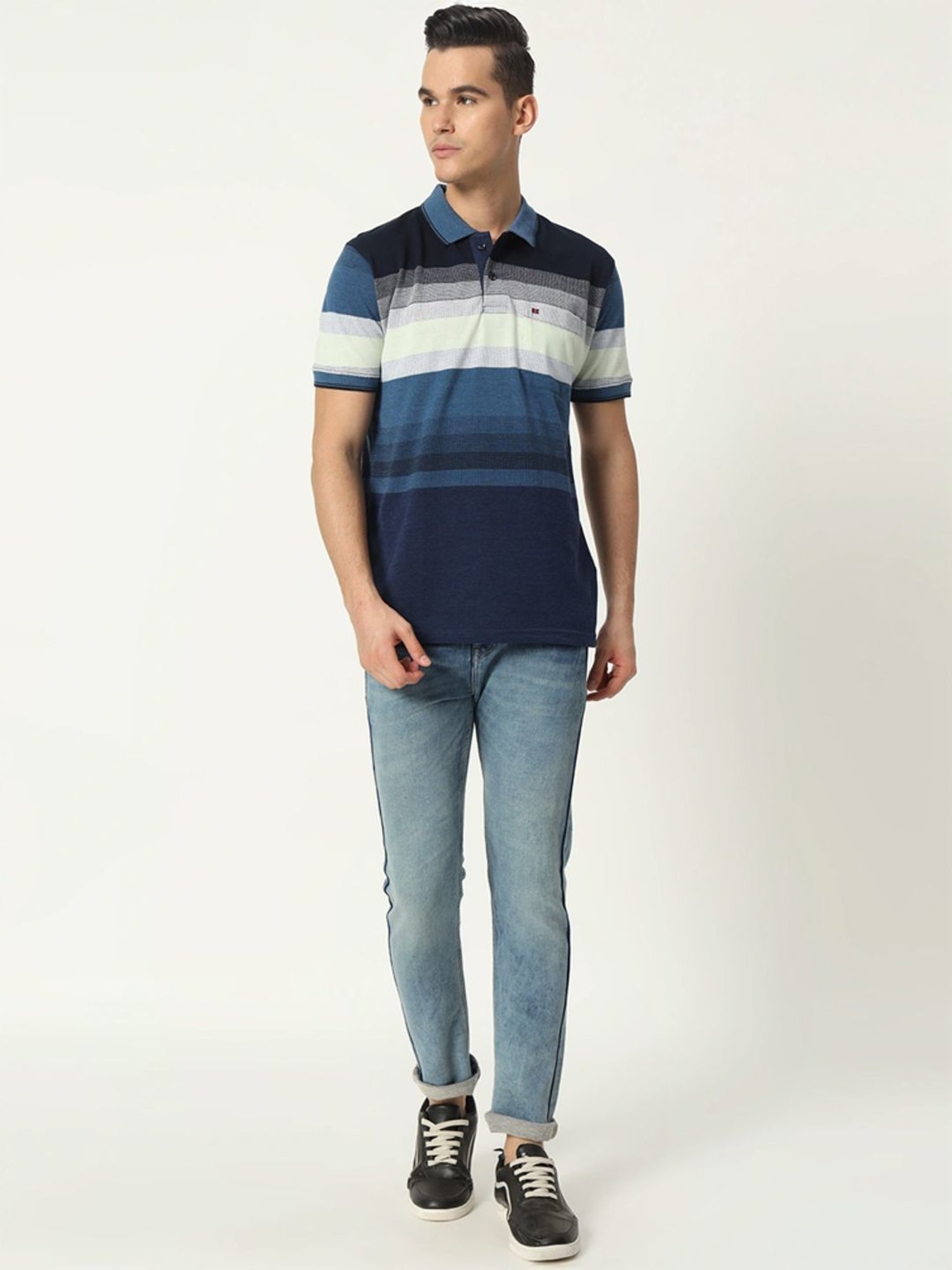 Tab91 Blue Regular Fit Striped Polo T-Shirts