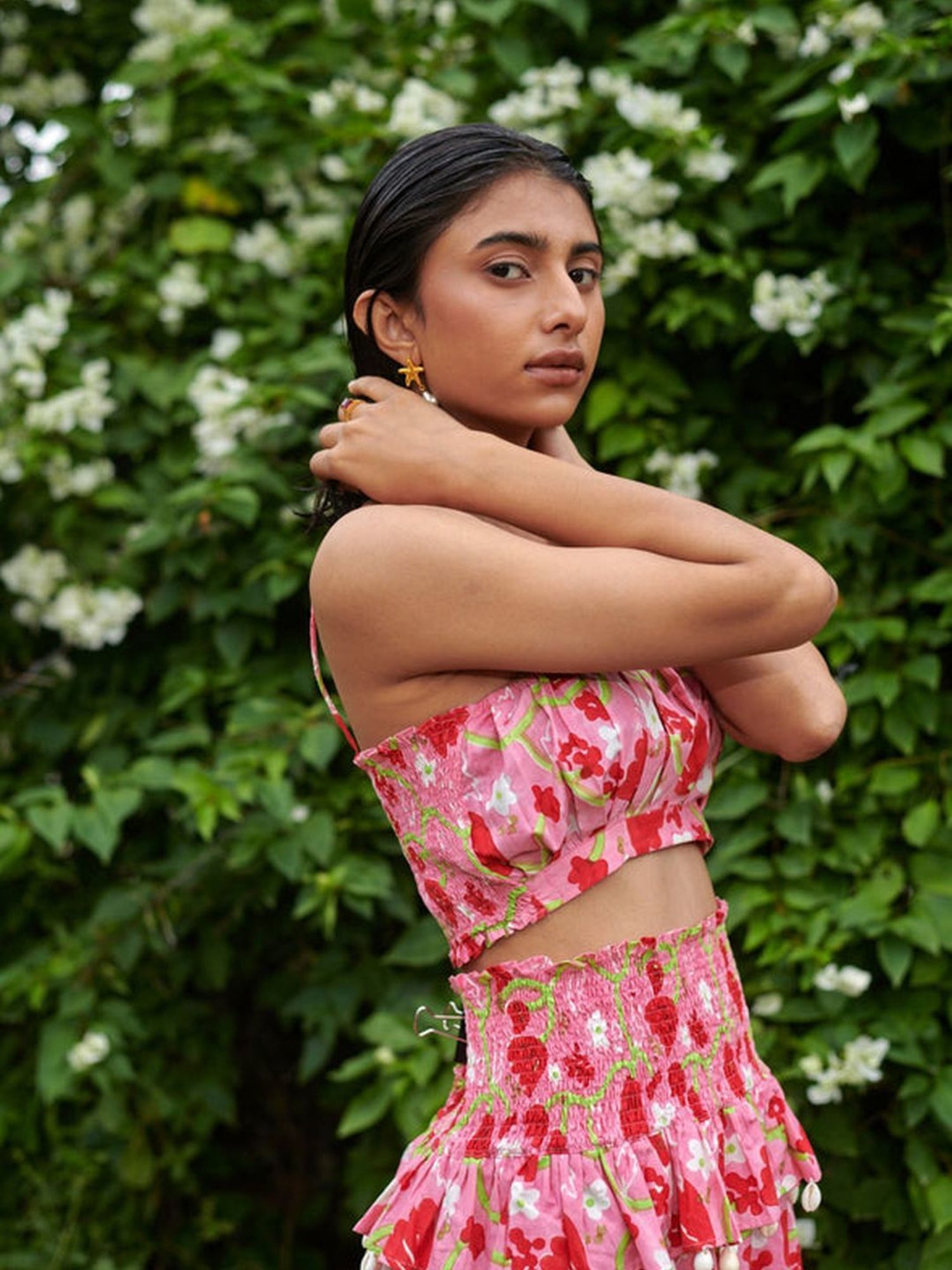 Khajoor Studio Pink Sundaze Le Blush Fleur Midi Smocked Skirt