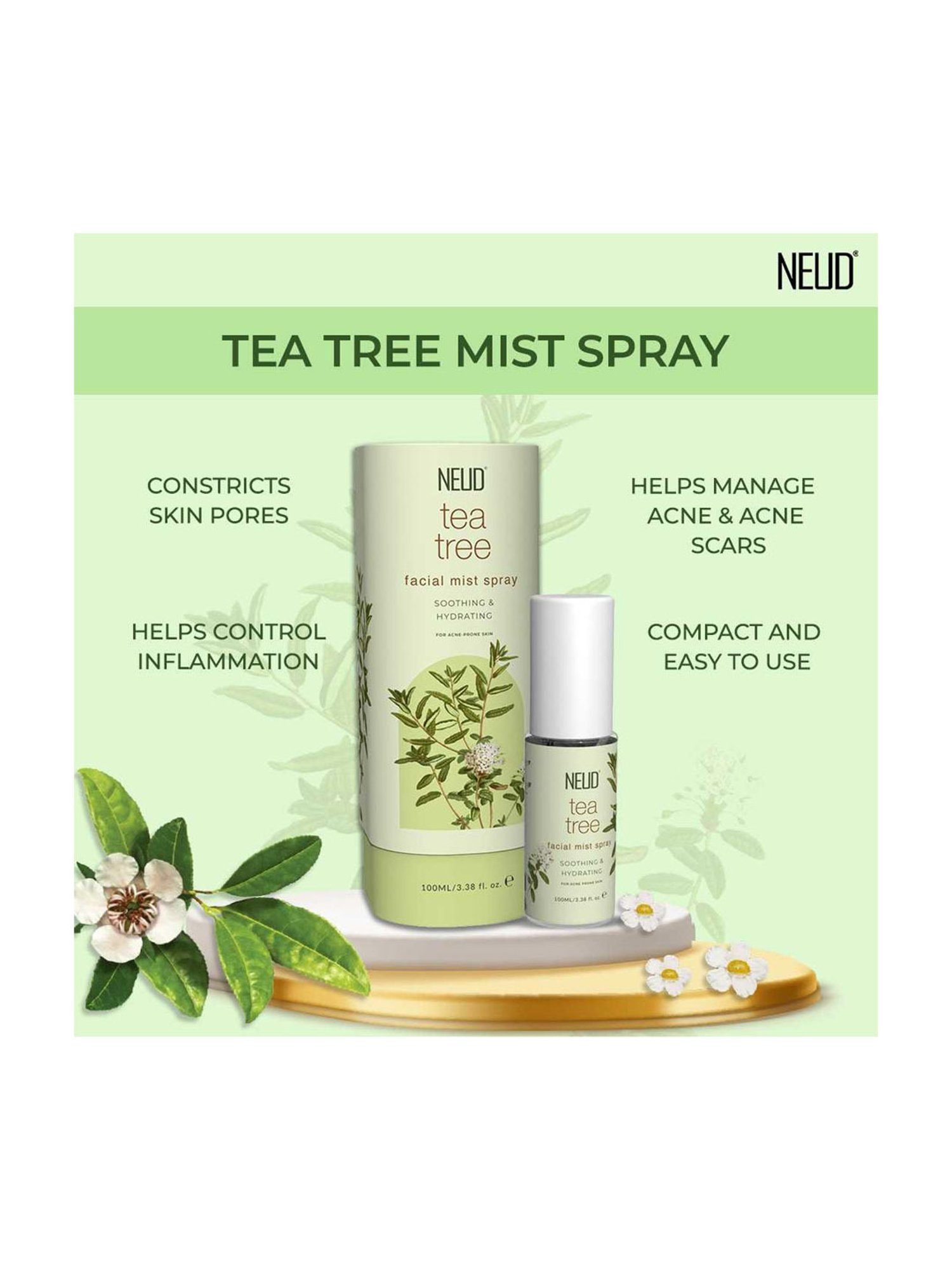 NEUD Tea Tree Facial Mist Spray for Acne-Prone Skin - 100 ml Each (Pack of 2)