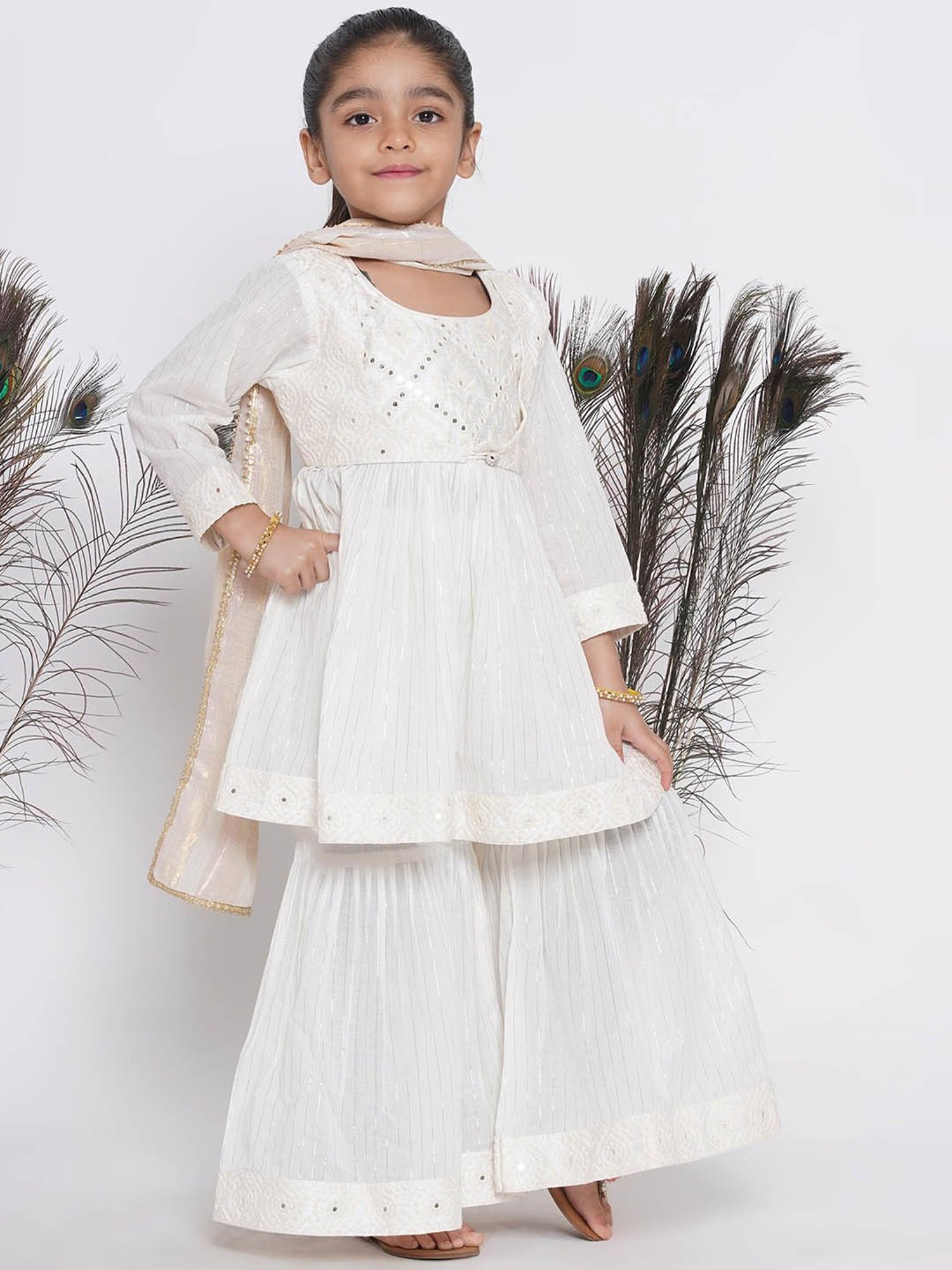 Little Bansi Kids Cream Embellished Kurta, Sharara with Dupatta
