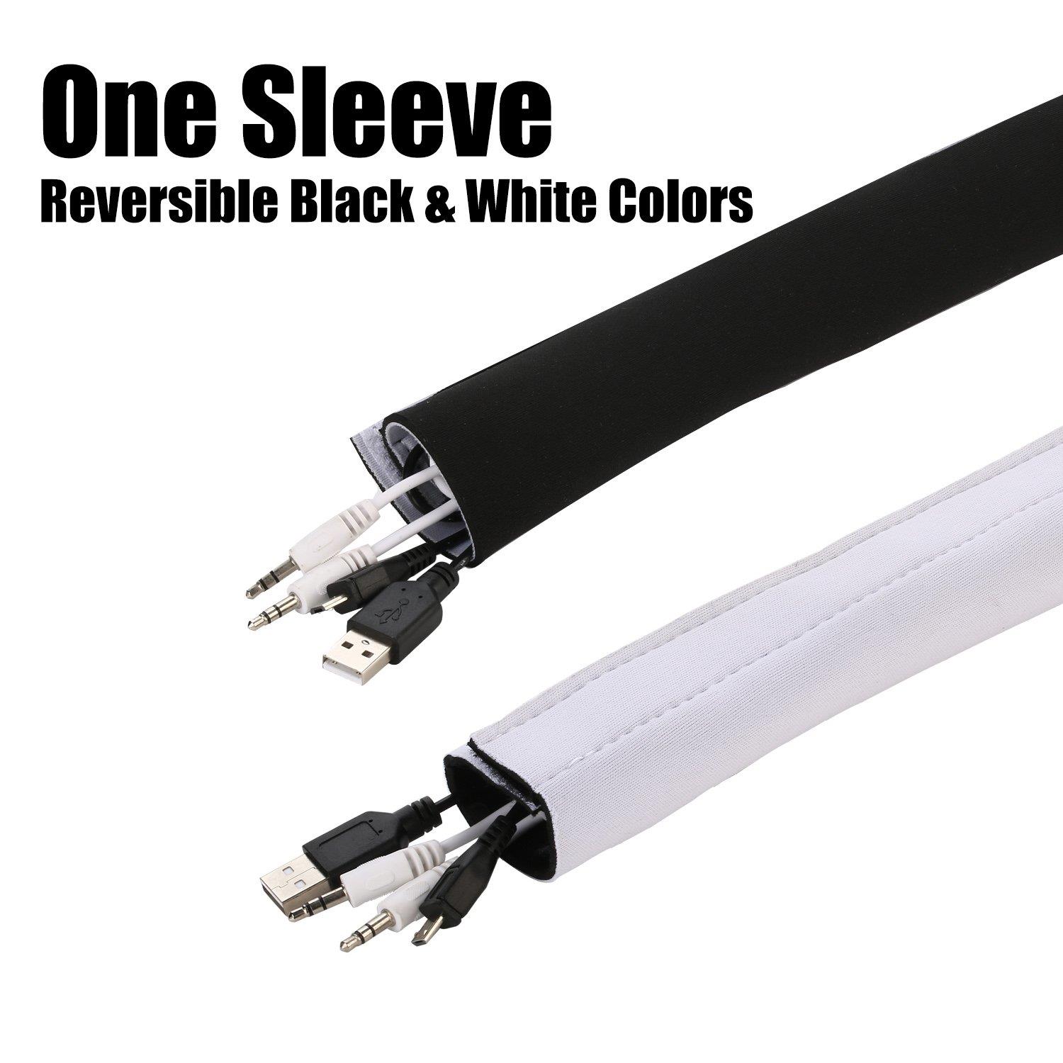 Cable Management Sleeves, ENVEL Neoprene Cord Organizer with Free Nylon for TV USB PC Computer Network Wires (118 inches) DIY by Yourself, Adjustable Black and White Reversible Wire Hider