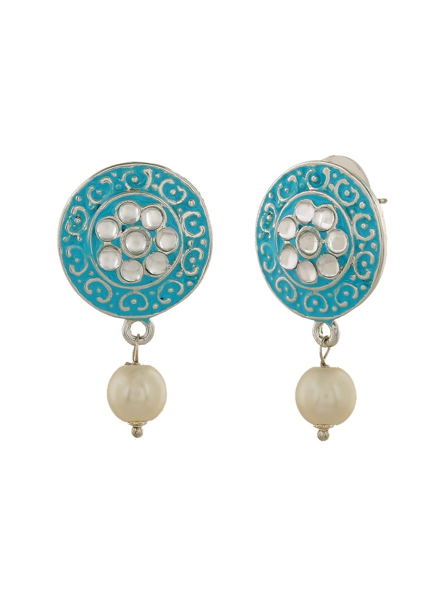 Estele Rhodium-Plated Sparkling Meenakari Pearl Drop Earrings