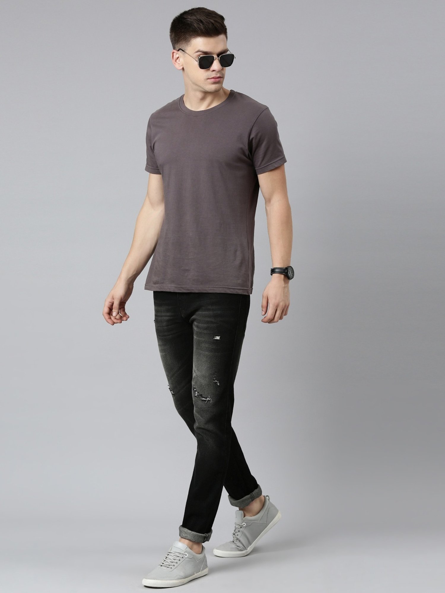 CINOCCI Charcoal Cotton Slim Fit Distressed Jeans