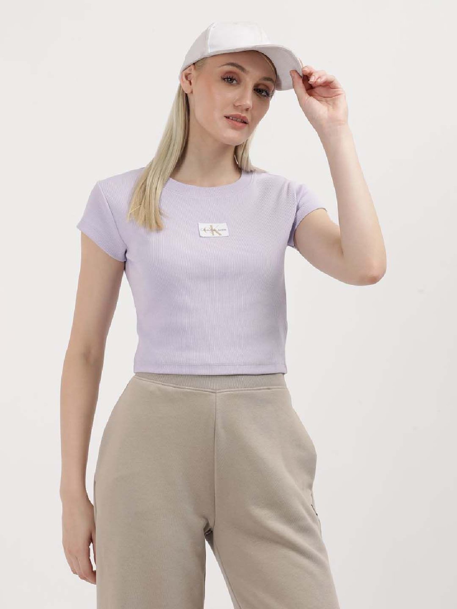 CALVIN KLEIN Purple Cotton Logo Patch Work Crop T-Shirt