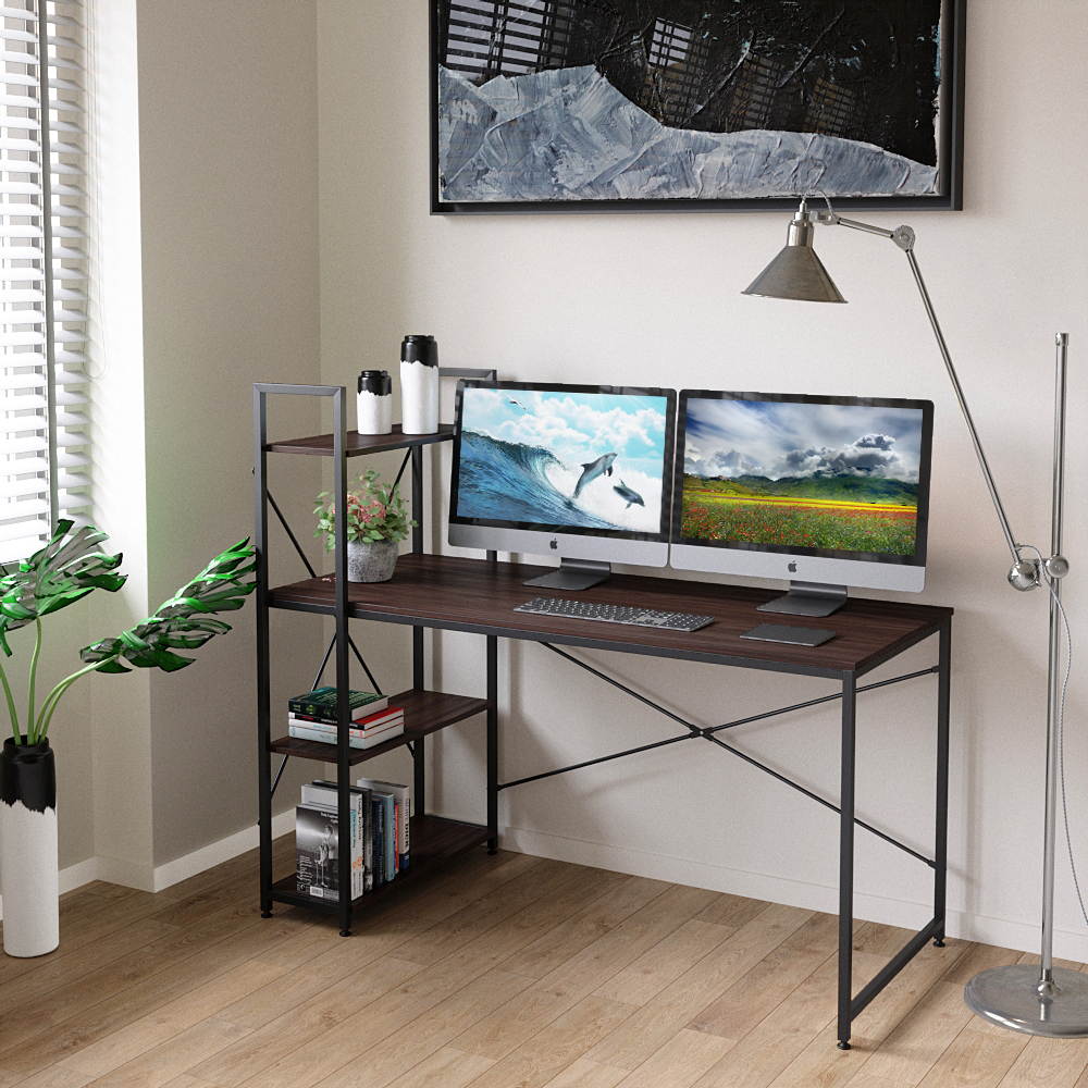 Bestier 63 Inch Computer Desk with Storage Shelves, Modern Bookshelf Desk with Headphone Hook Large Workstation Writing Desk with Reversible Bookshelves Home Office Work Table Study Desk Grey