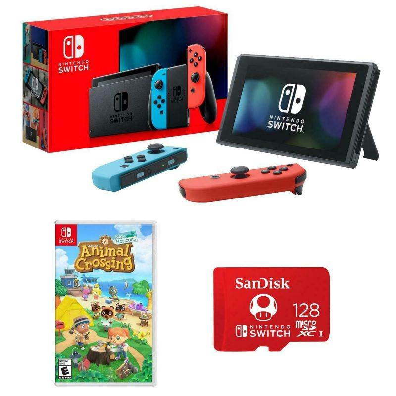 Nintendo Switch w/Neon Blue  Red Joy-Cons - Animal Crossing/Memory Card Bundle