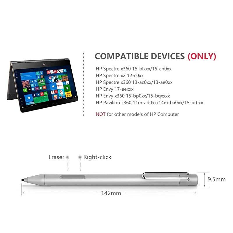 Pen Active Stylus for HP Spectre x360 13AC023DX X2 12C012DX 13AC013DX 13AC033DX 15BL012DX 15BL112DX HP Envy 360 15MBP012DX HP Pavilion X360 11MAD013 14MBA013DX Silver