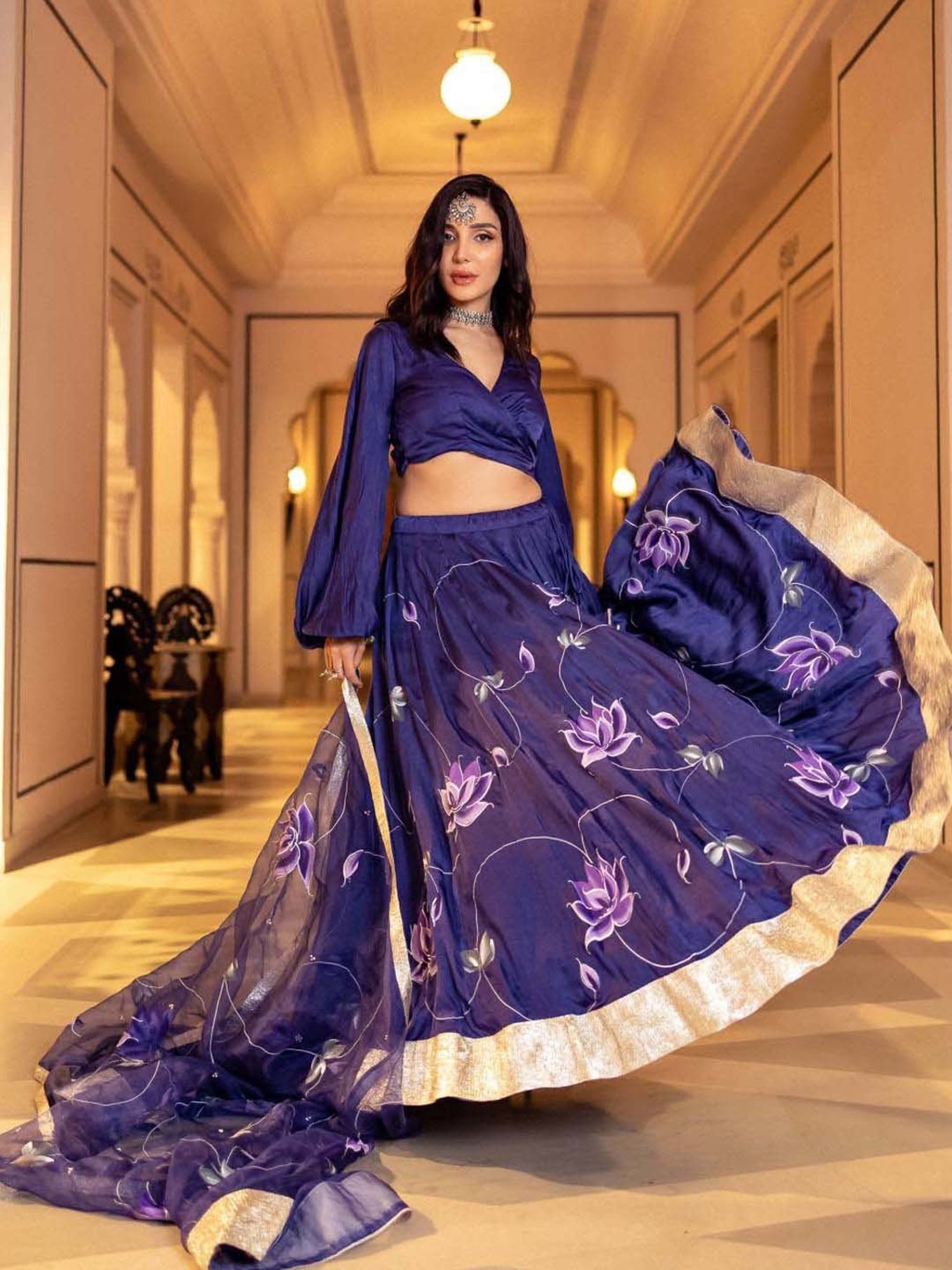 AACHHO Purple Floral Print Lehenga Choli Set With Dupatta