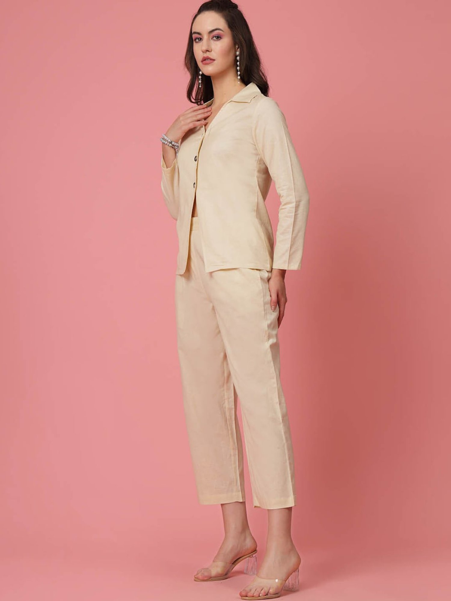 Melon by PlusS Beige Cotton Shirt With Trousers