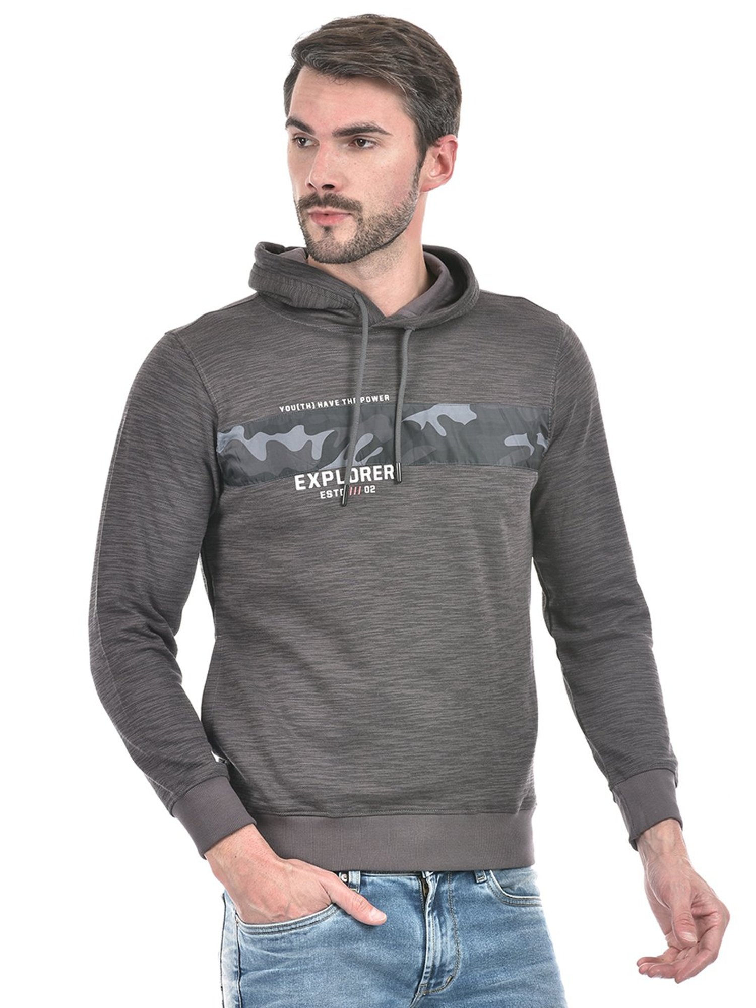 Integriti Dark Grey Regular Fit Self Design Hooded Sweatshirt