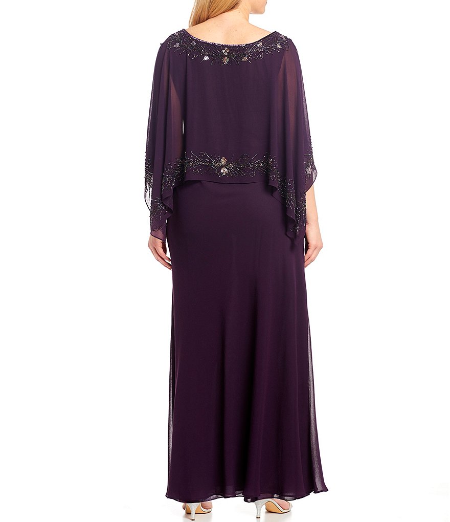 Jkara Plus Size Beaded Pop Over Bateau Neck 3/4 Capelet Sleeve Capelet Gown