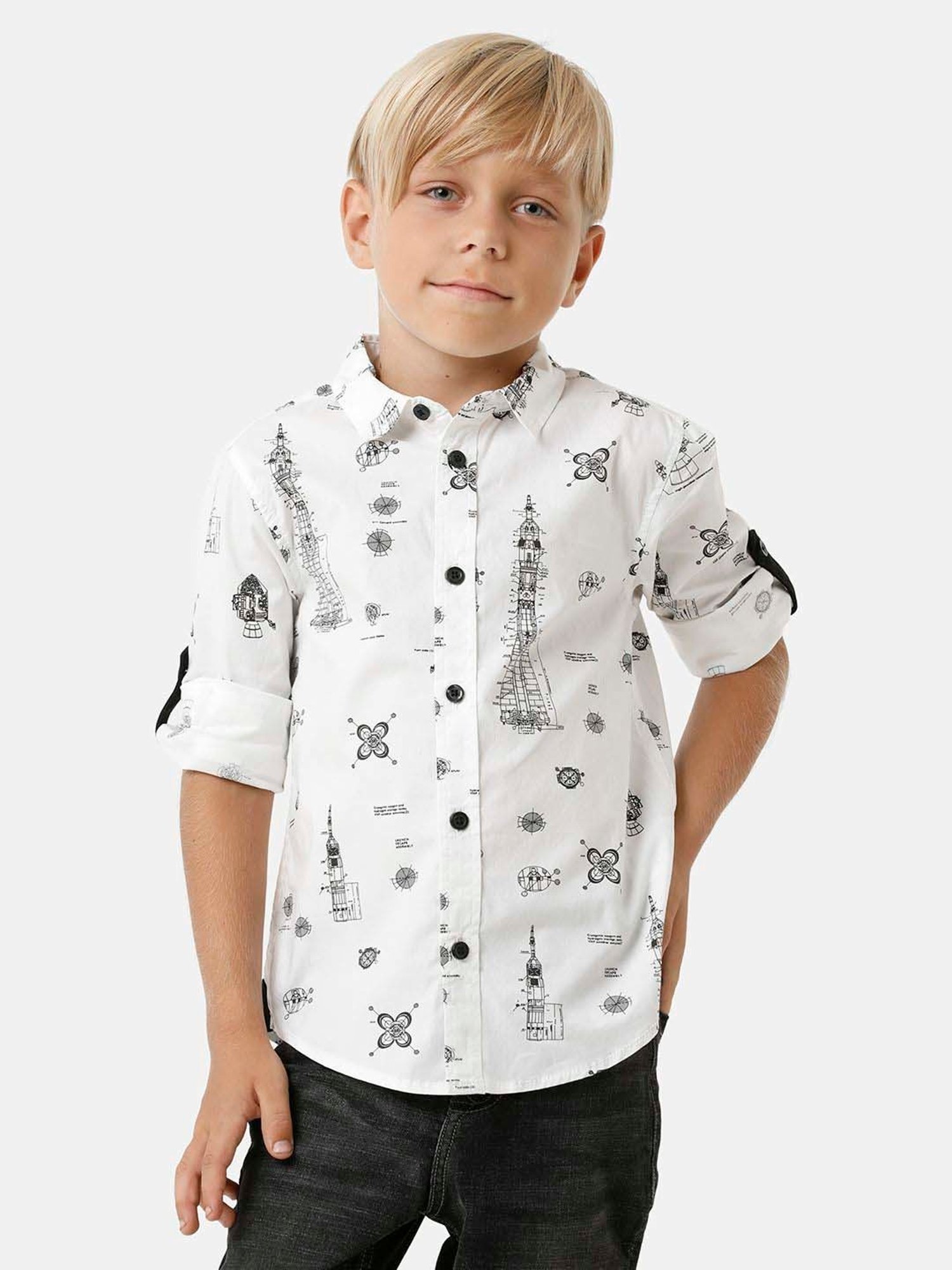 Kate & Oscar Kids White & Black Cotton Printed Full Sleeves Shirt