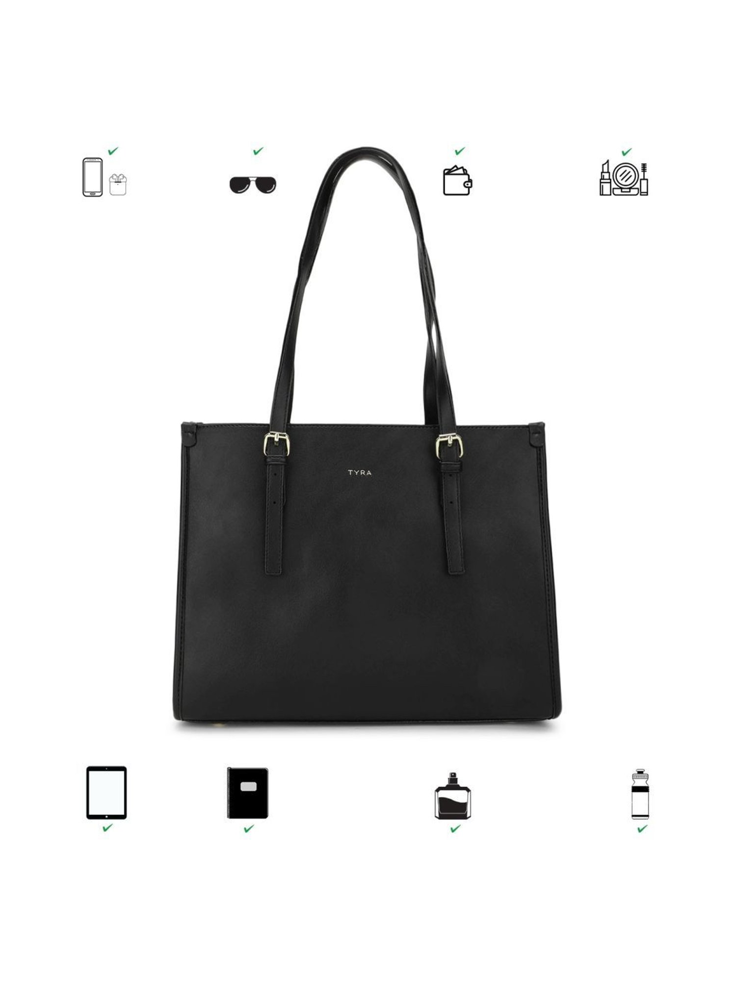 Tyra Hazel Black Solid Faux Leather Tote Handbag
