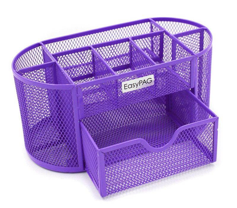 EasyPAG Desk Organizer 9 Components Mesh Office Desktop Supplies Caddy with Drawer,Purple