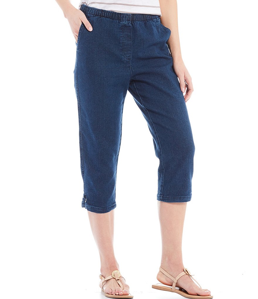 Allison Daley Stretch Denim Silver Ring Hem Detail Pull-On Capri Pants