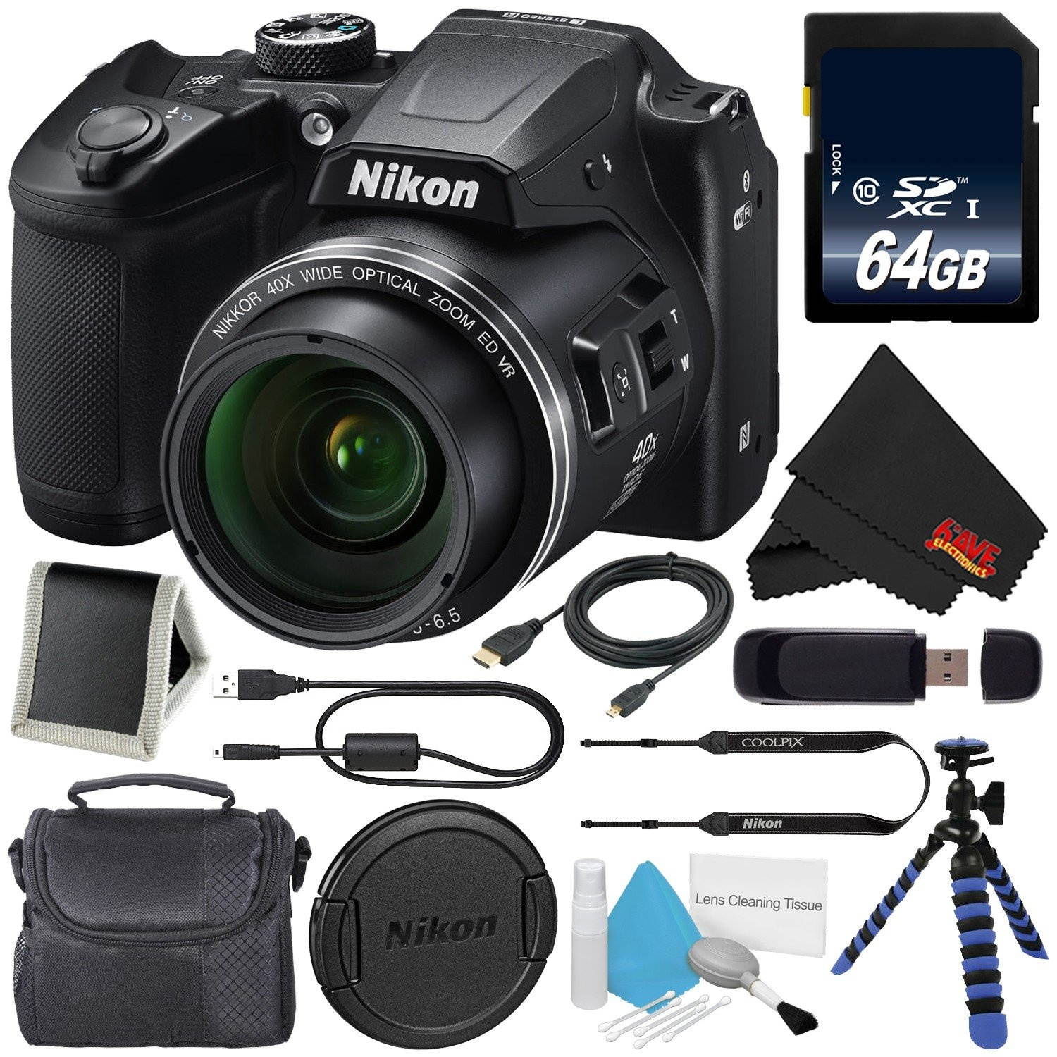 Nikon COOLPIX B500 Digital Camera (Red) 26508 + 64GB SDXC Class 10 Memory Card + Flexible Tripod with Gripping Rubber Legs + Small Soft Carrying Case + Micro HDMI Cable + SD Card USB Reader Bundle