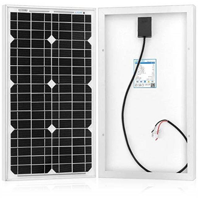 acopower mono solar panel for 12 volt battery charging, off grid, 30w
