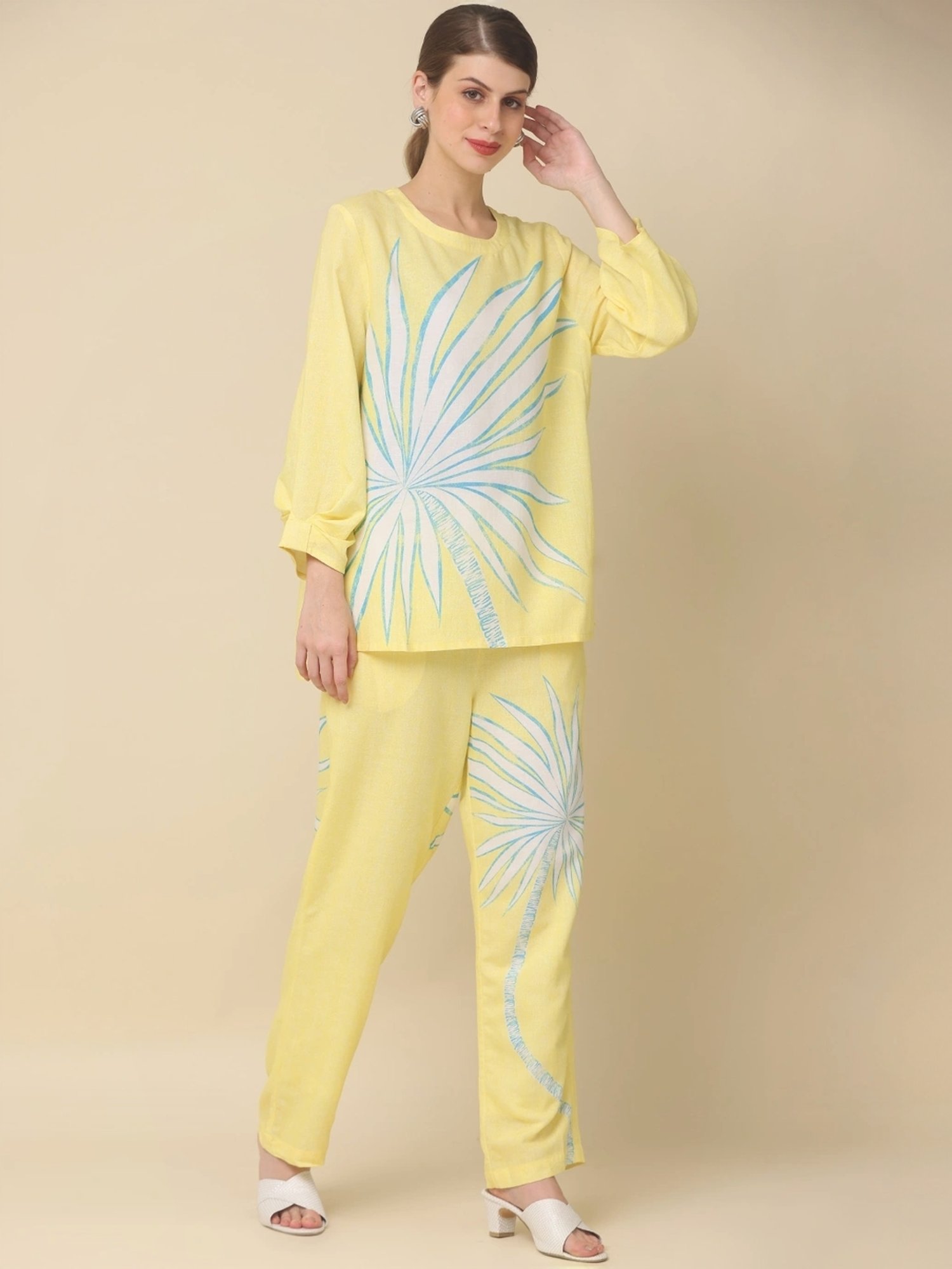 Zolo Label Yellow Cotton Printed Top Pant Set