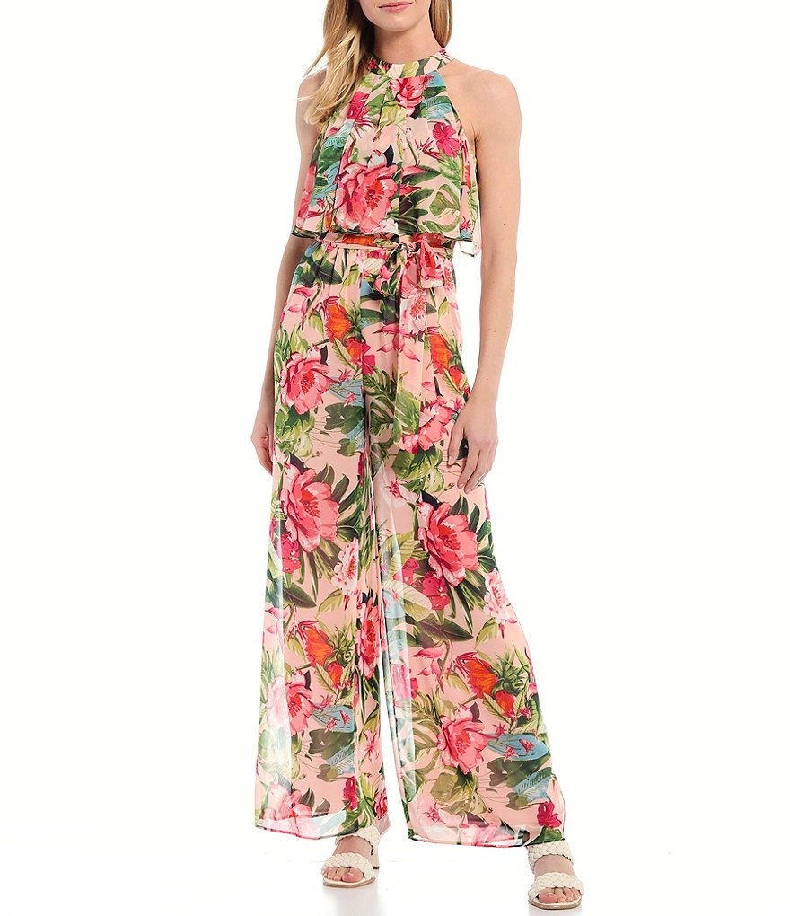 Eliza J Floral Chiffon Sleeveless Tiered Popover Jumpsuit