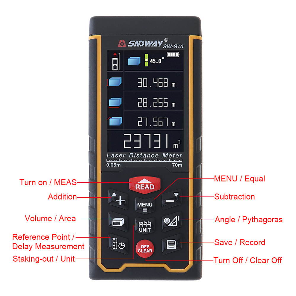 Sndway SW-S100 Laser Distance Meter 100m 328ft Digital Distance Meter 100m Laser Rangefinder Area Volume Diastimeter S100