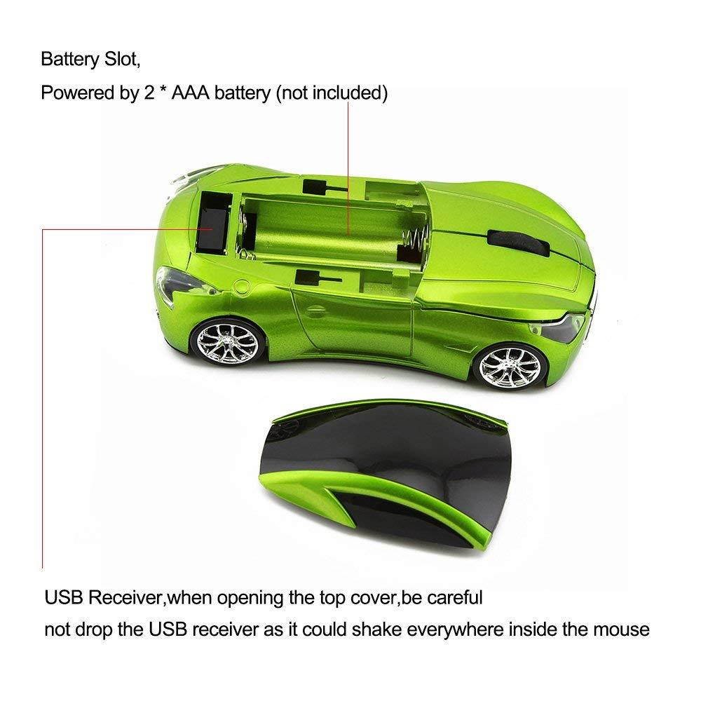 Usbkingdom Cool Sport Car Shape 2.4GHz Wireless Mouse Optical Cordless Mice with USB Receiver for PC Laptop Computer 1600DPI 3 Buttons Green