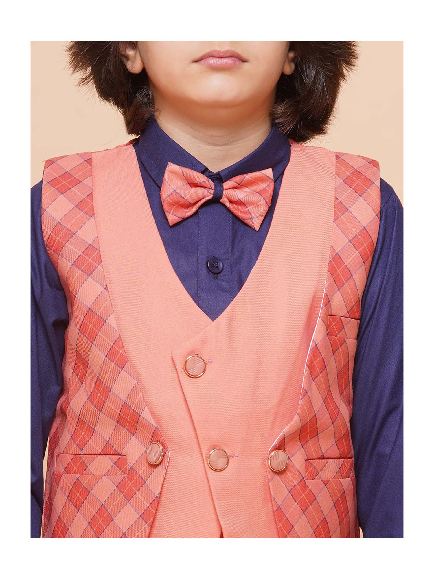 AJ Dezines Kids Peach & Navy Checks Full Sleeves Shirt, Pants, Waistcoat with Bow Tie