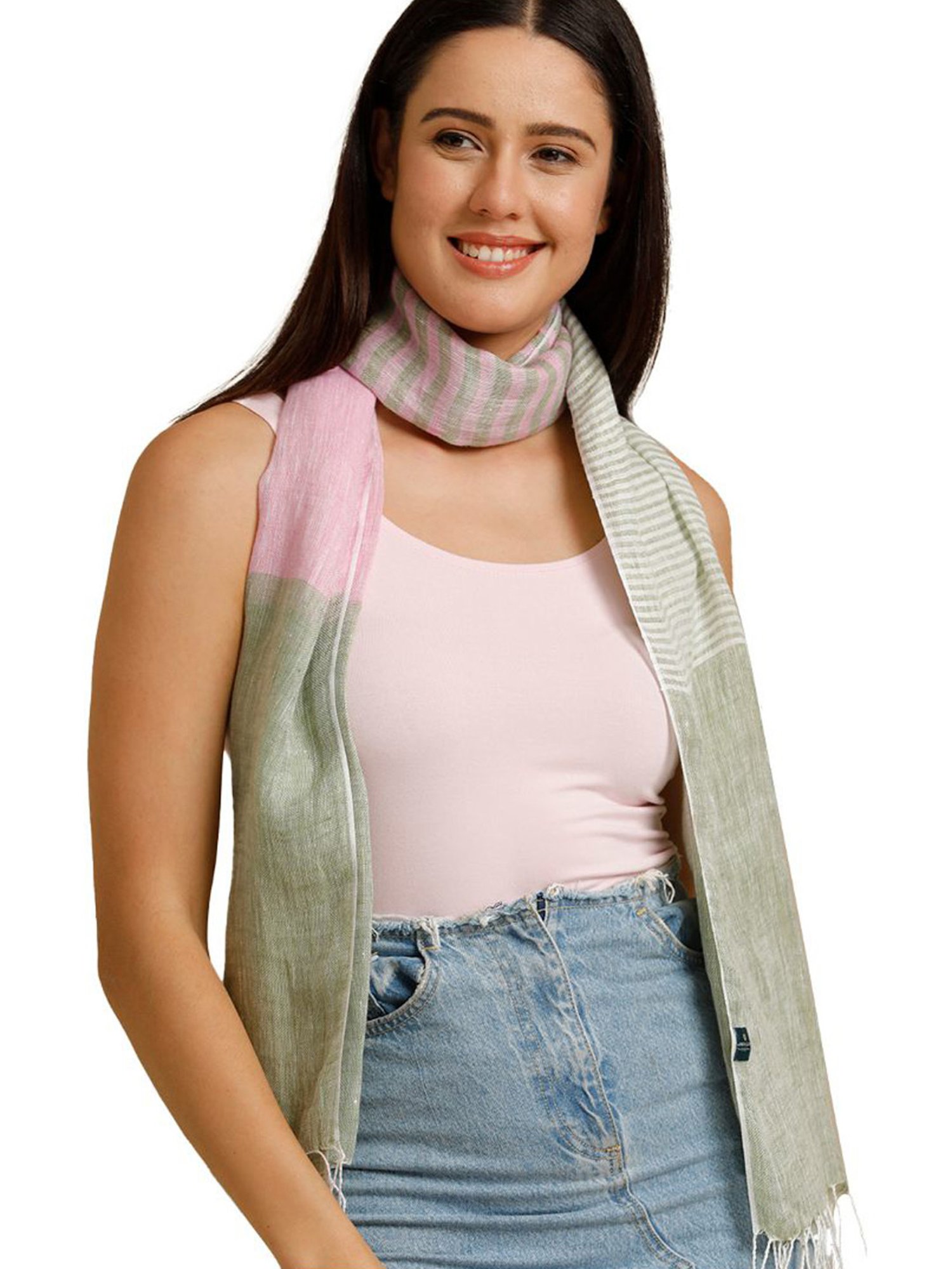 Linen Club Green Striped Pure Linen Stole