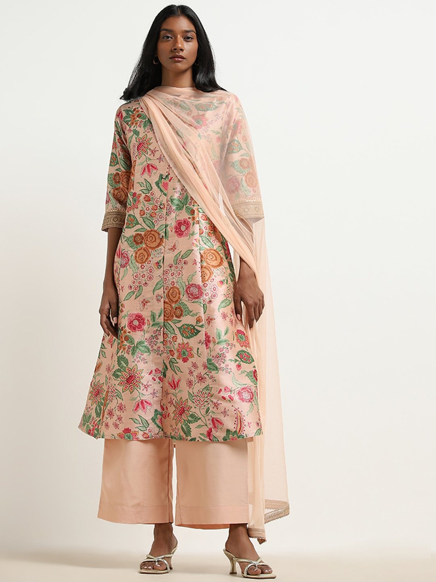 Vark by Westside Peach Floral Printed Kurta, Palazzos and Dupatta Set