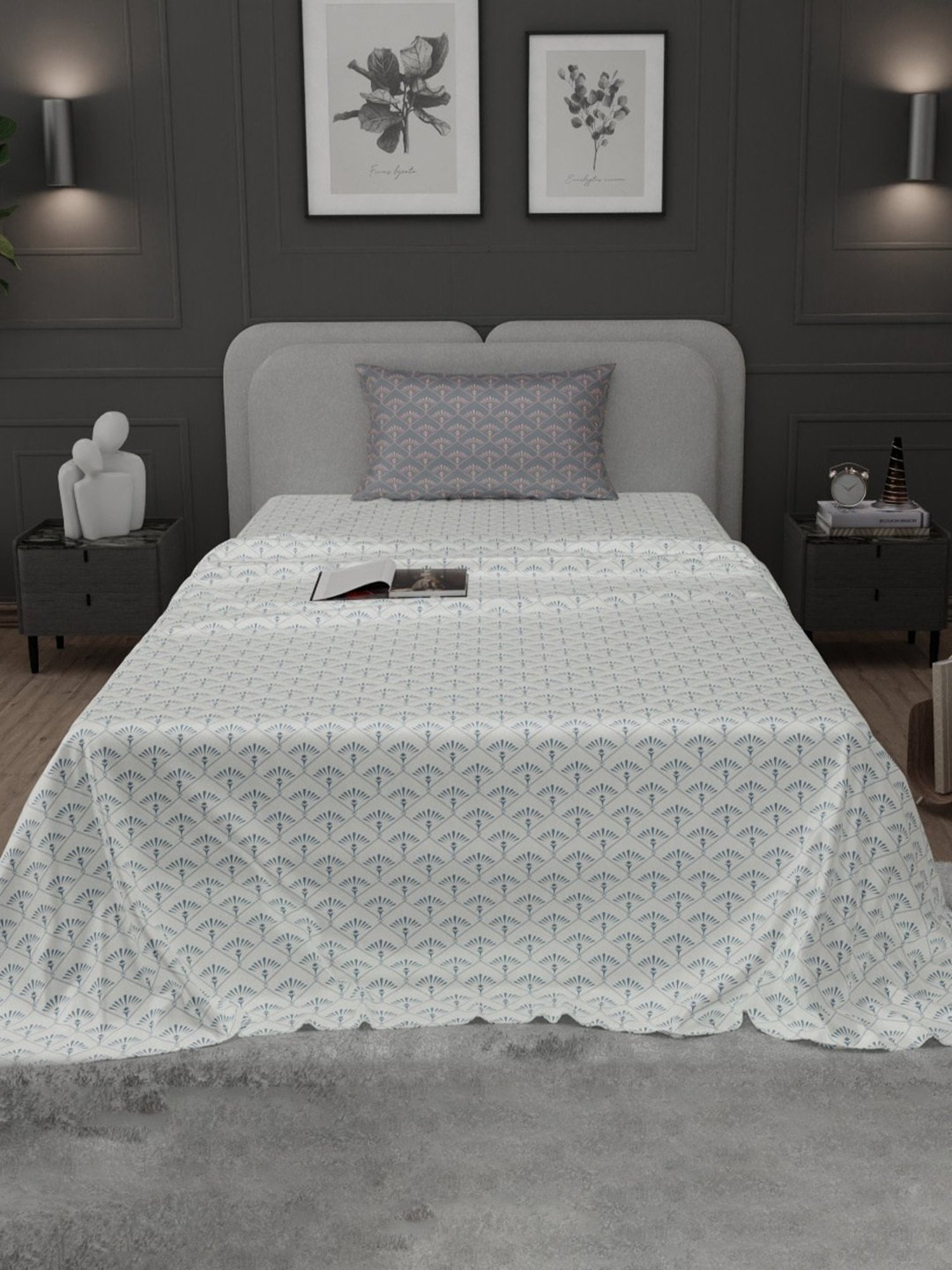 Stoa Paris Elegance Blue Polyester 300 TC Sateen Single Size Bed Sheet With 1 Pillow Cover