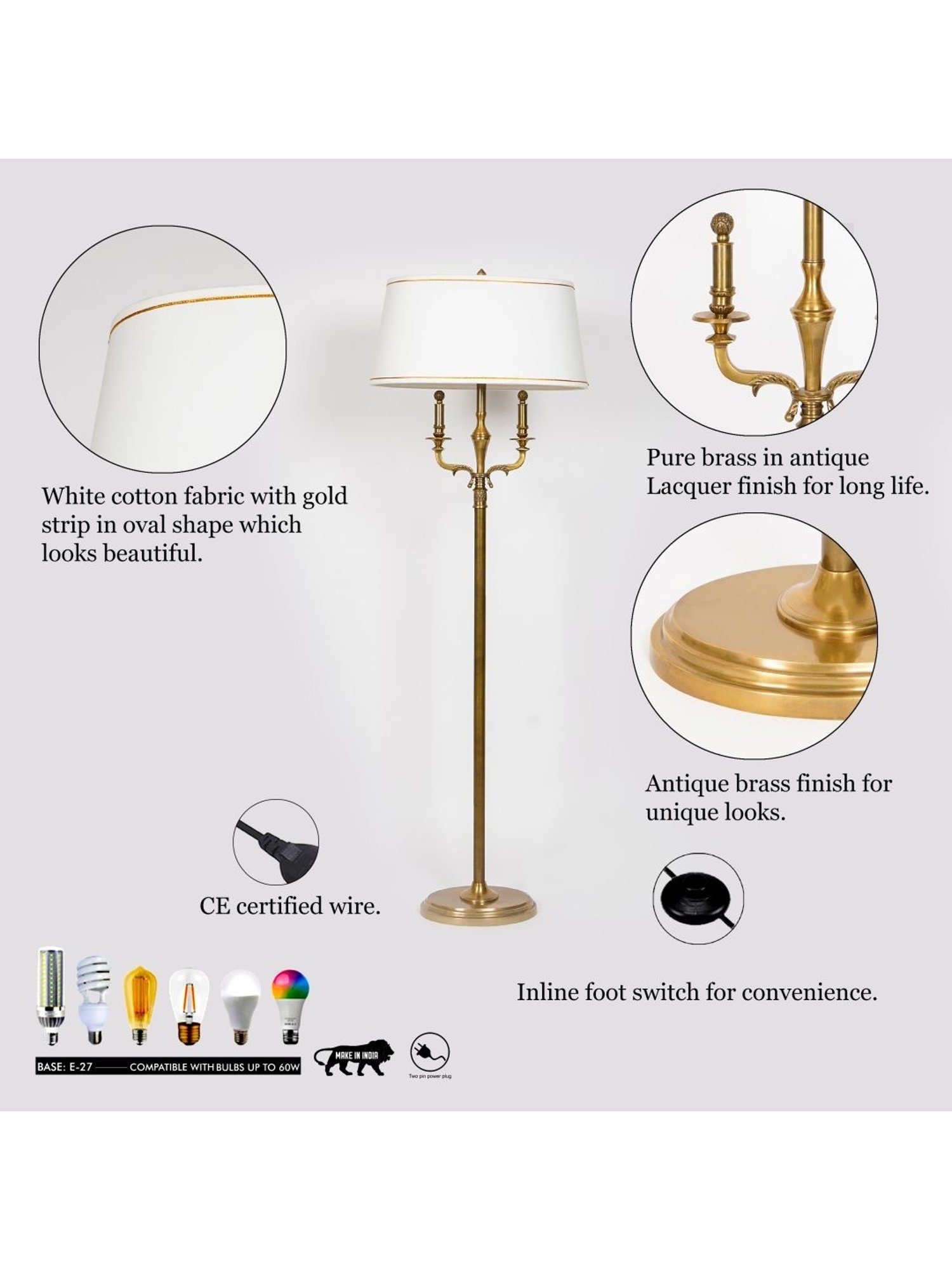 Kapoor Lamp Shades Brass & White Nixon Pure Cotton Shade Floor Lamp