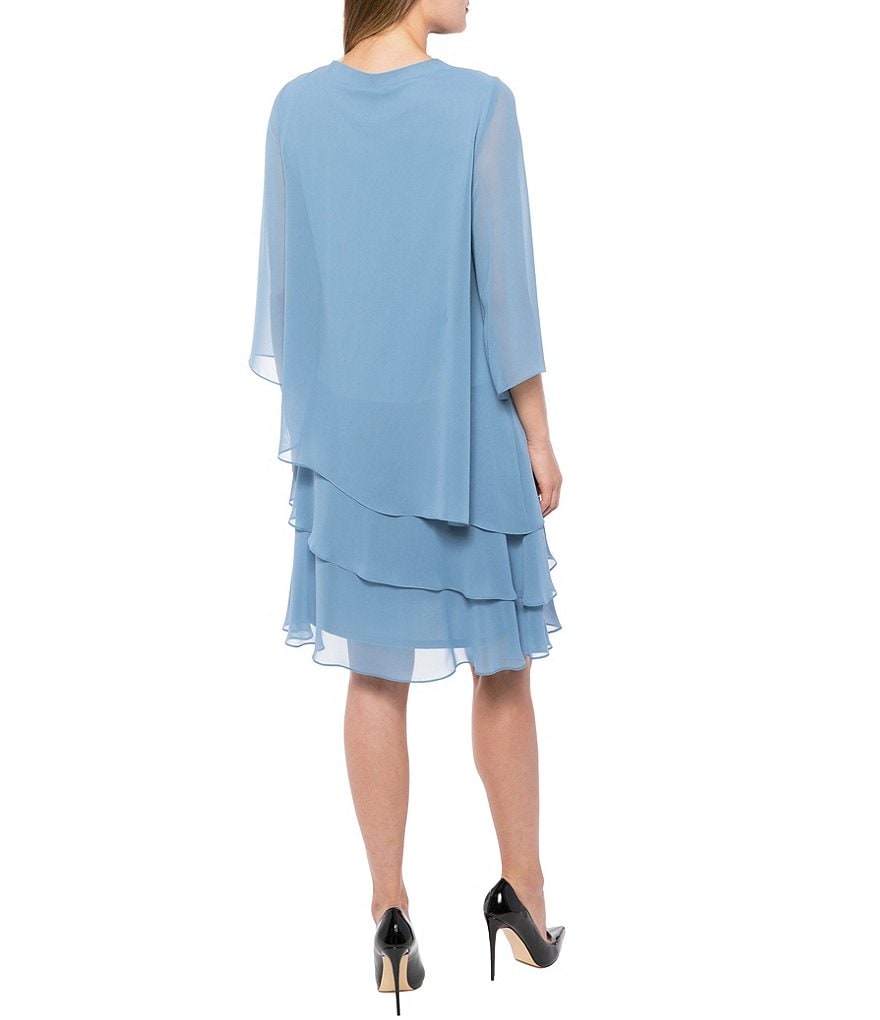 Marina Split 3/4 Sleeve Round Beaded Keyhole Neck Asymmetrical Tiered Chiffon Shift Dress