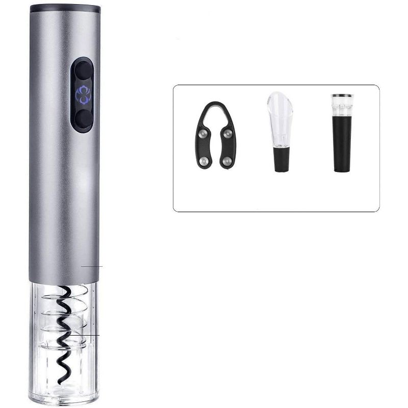 Electric Wine Bottle Opener 4 Piece Set Automatic Corkscrew Wine Opener, Includes Foil Cutter, Wine Pourer, Vacuum Pump Stopper, Battery Operated, Stainless Steel, Gift Box Set