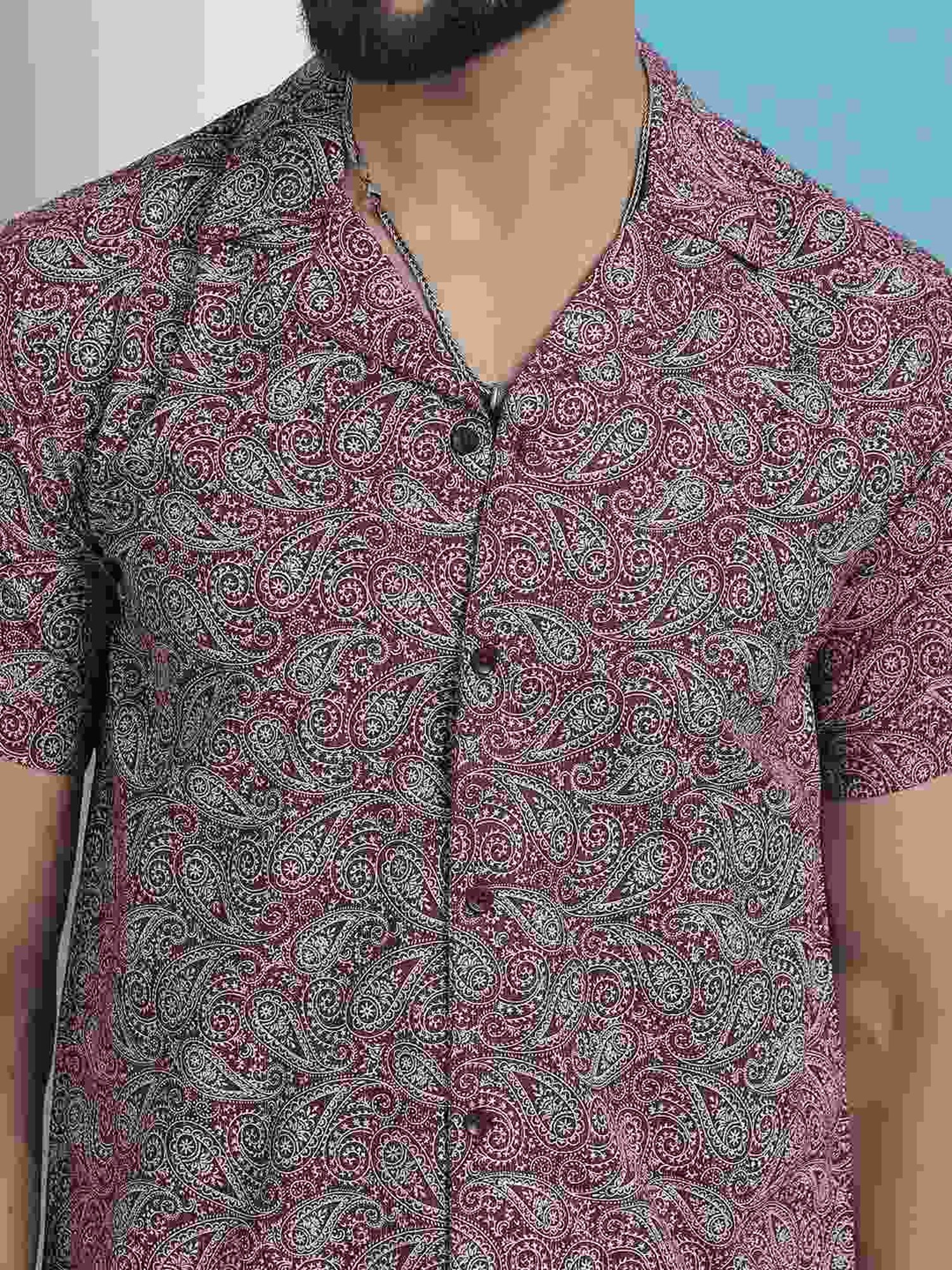 Indian Needle Maroon Cotton Regular Fit Printed Shirt