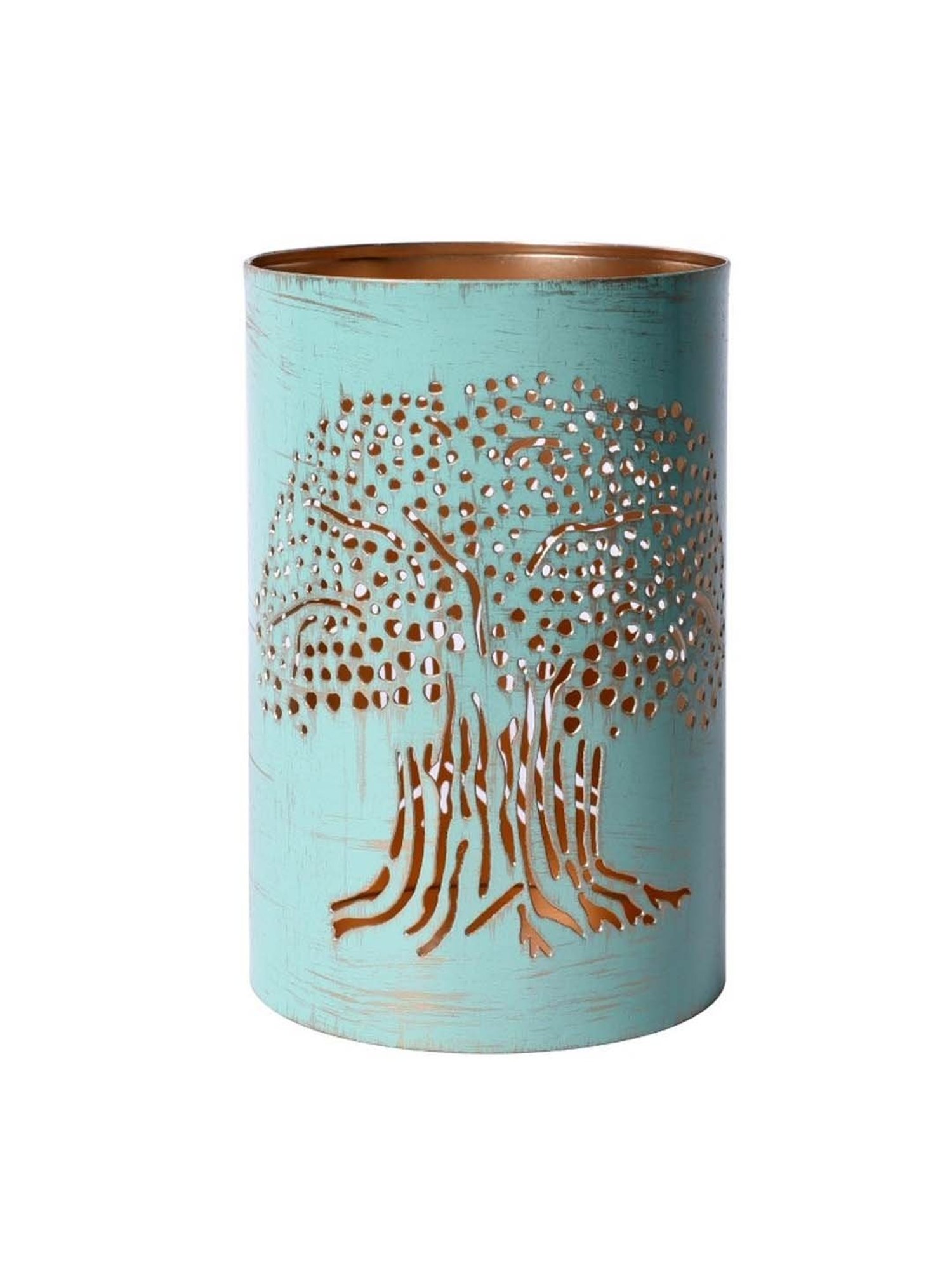 Unravel India Pastel Blue Metal Tree of Life Tea Light Holder - Set of 1