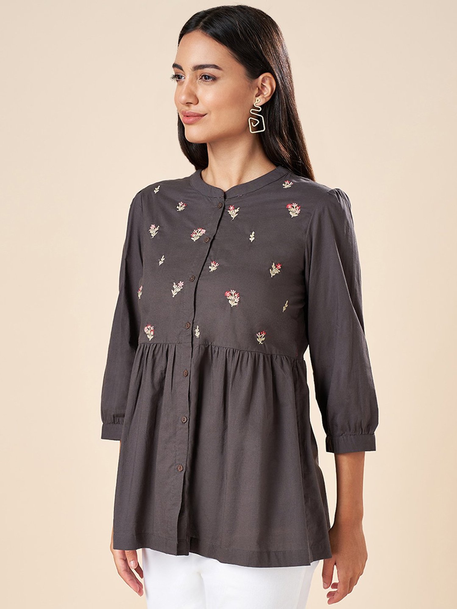 Akkriti by Pantaloons Charcoal Grey Cotton Embroidered Tunic