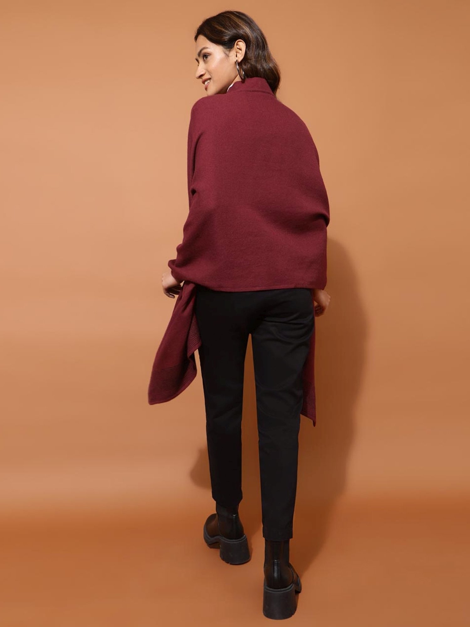 Fabindia Maroon Self Pattern Poncho