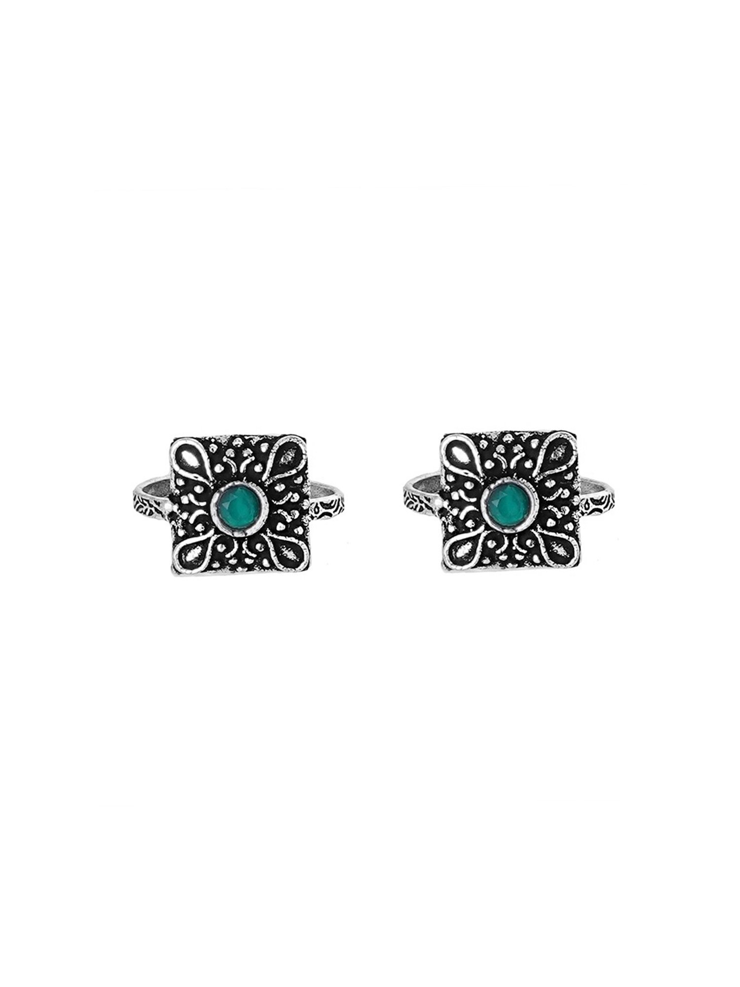 Teejh Uri Green Stone Silver Oxidized Toe Rings