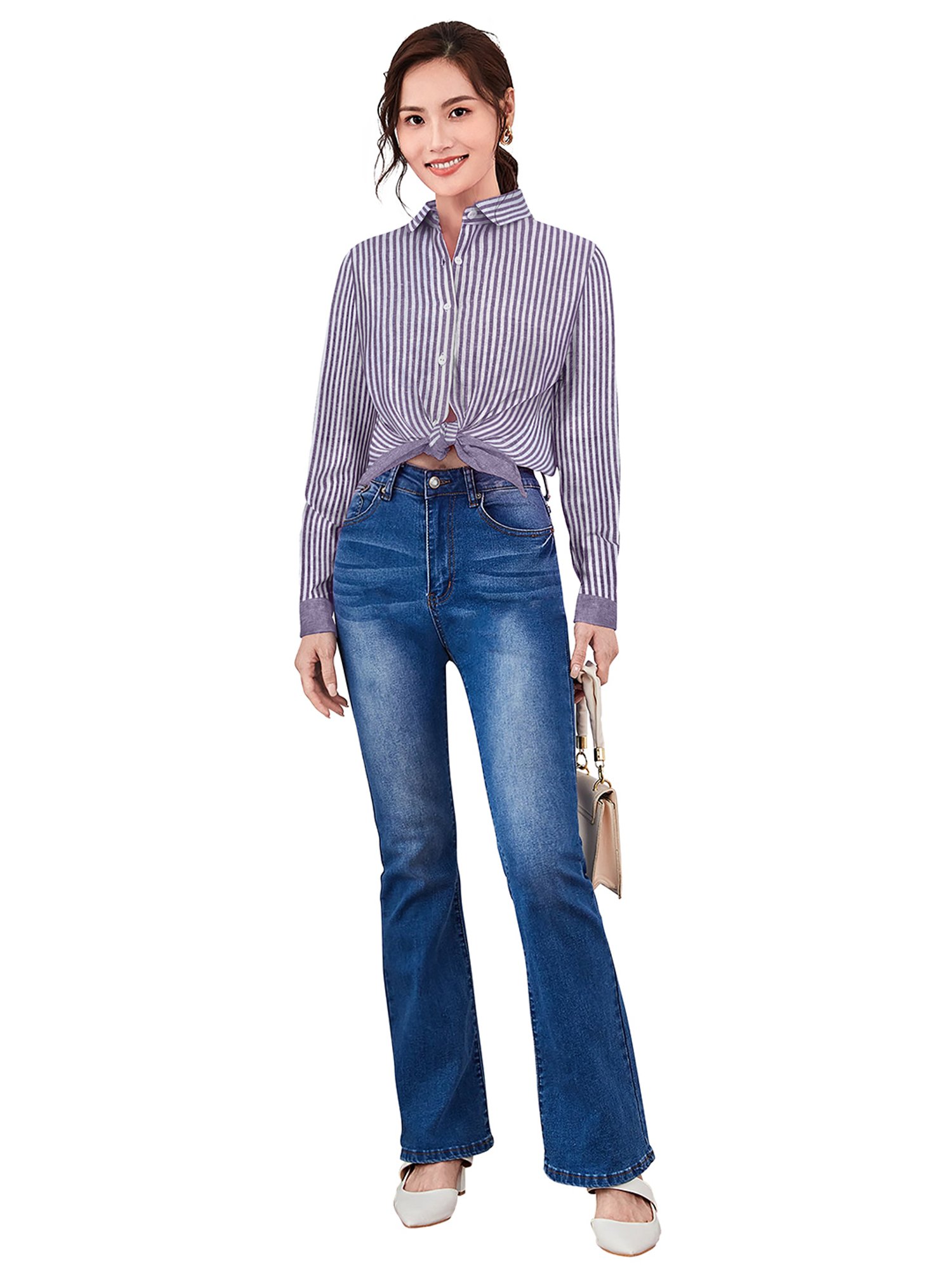 KERI PERRY Purple & White Cotton Striped Shirt